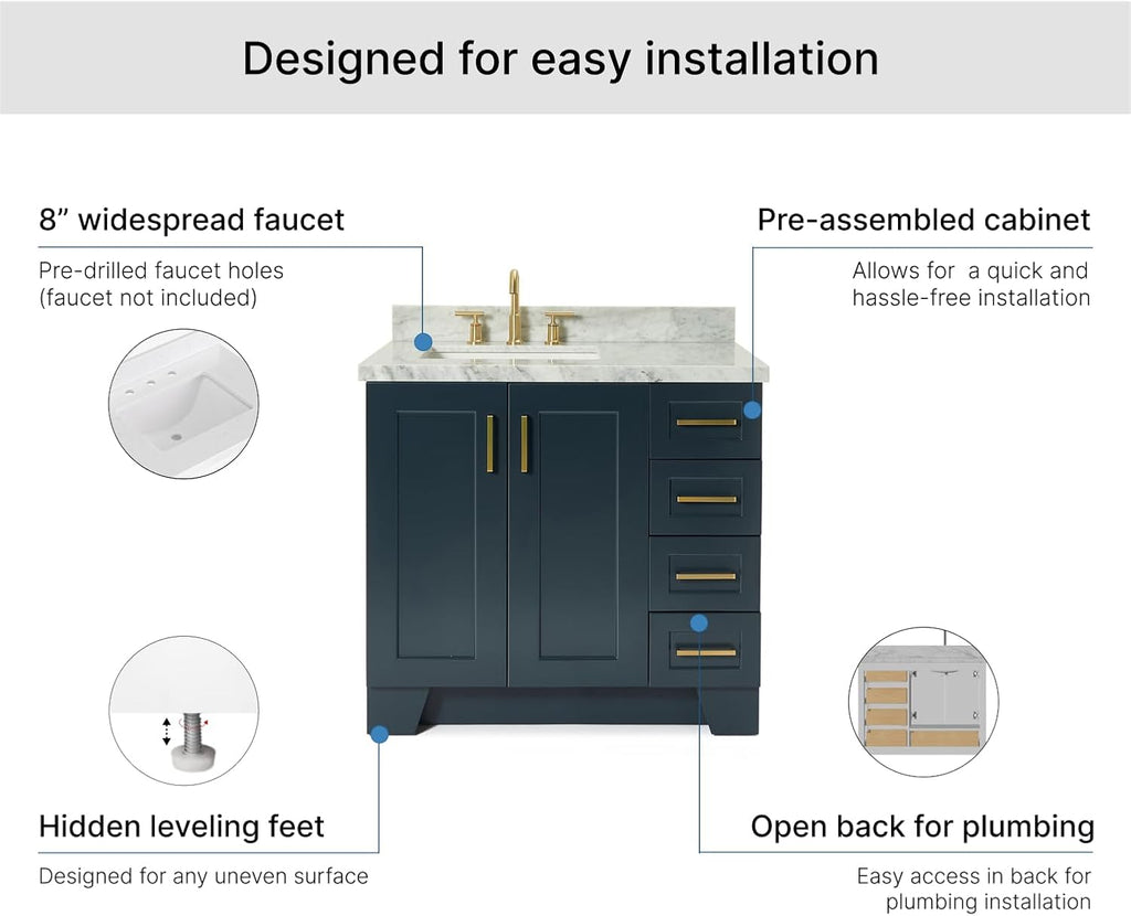 ARIEL Taylor 36-inch Bathroom Vanity with Sink,Solid Wood, 1.5-inch Italian Carrara Marble Countertop, Single Rectangular Porcelain Sink, 2 Soft Closing Doors, 5 Dovetail Drawers, Midnight Blue