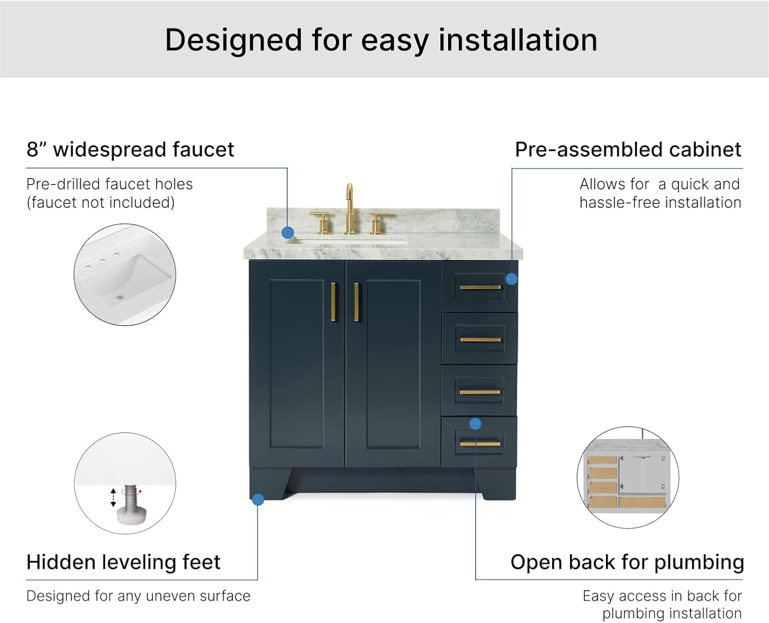 ARIEL Taylor 36-inch Bathroom Vanity with Sink,Solid Wood, 1.5-inch Italian Carrara Marble Countertop, Single Rectangular Porcelain Sink, 2 Soft Closing Doors, 5 Dovetail Drawers, Midnight Blue