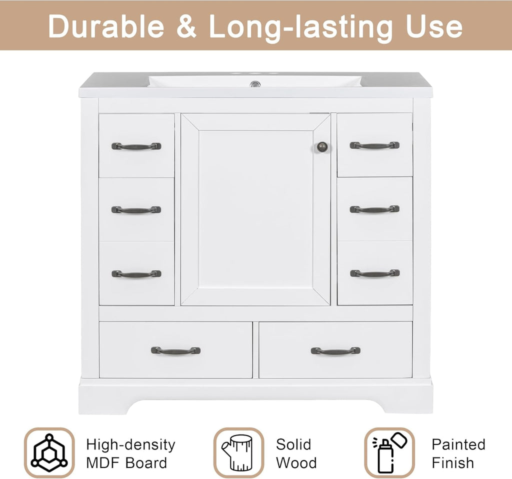 36' Bathroom Vanity with Sink, Harper & Bright Designs Free Standing Single Basin Vanity Set with 6 Drawers & One Cabinet with Adjustable Shelf, Bathroom Cabinet with Ceramic Basin for Bathroom, White