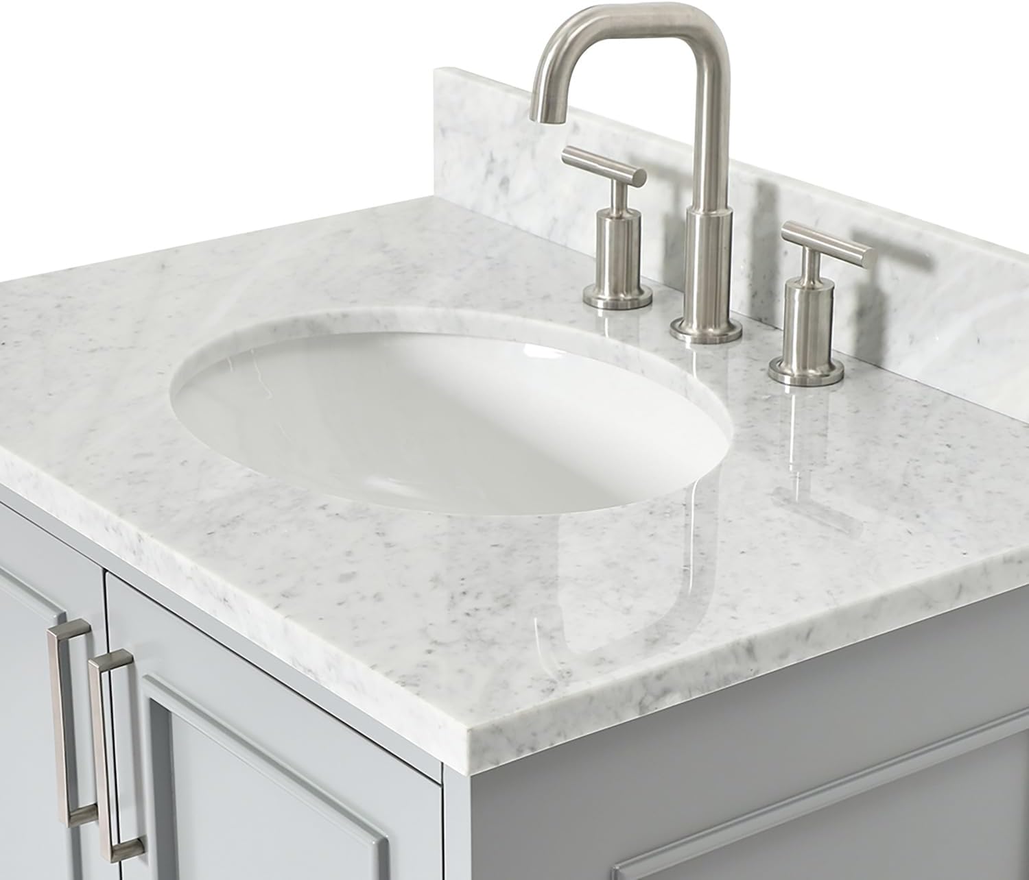 ARIEL Stafford 30-inch Bathroom Vanity with Sink,Solid Wood, 0.75-inch Italian Carrara Marble Countertop & Backsplash, Single Oval Porcelain Sink, 2 Soft Closing Doors, 1 Dovetail Drawers, Grey