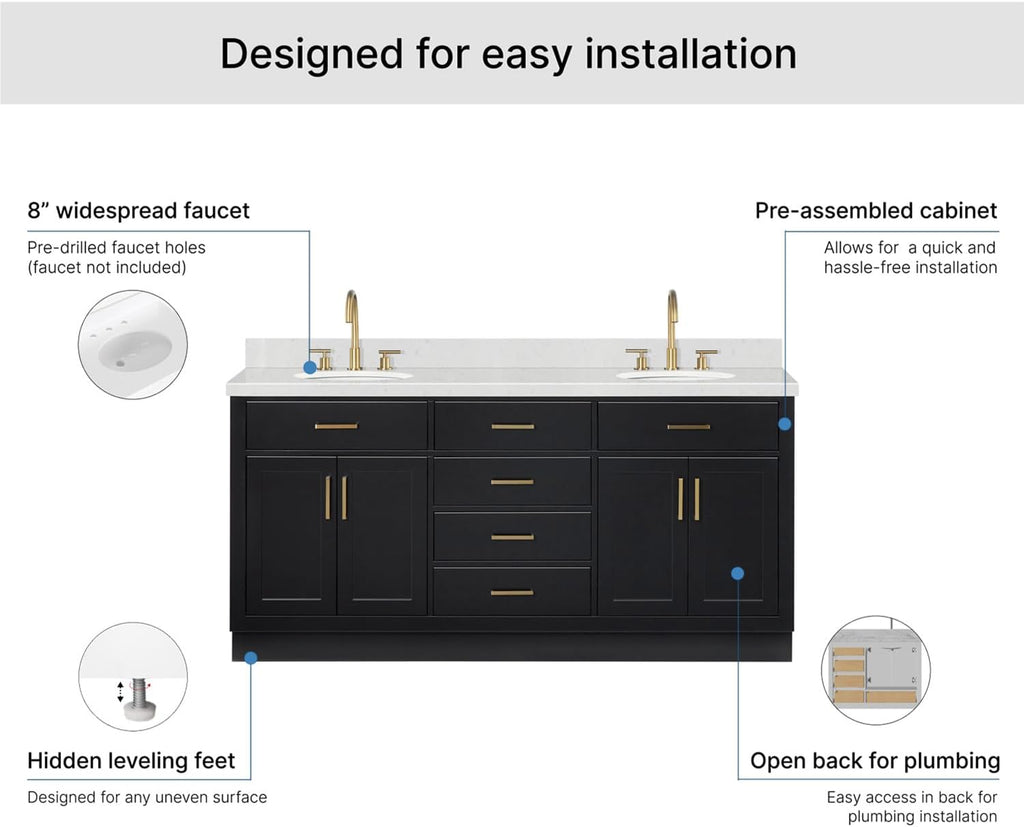 ARIEL Hepburn 72-inch Bathroom Vanity with Sink,Solid Wood, 1.5-inch Carrara White Quartz Countertop & Backsplash, Double Oval Porcelain Sink, 4 Soft Closing Doors, 6 Dovetail Drawers, Black