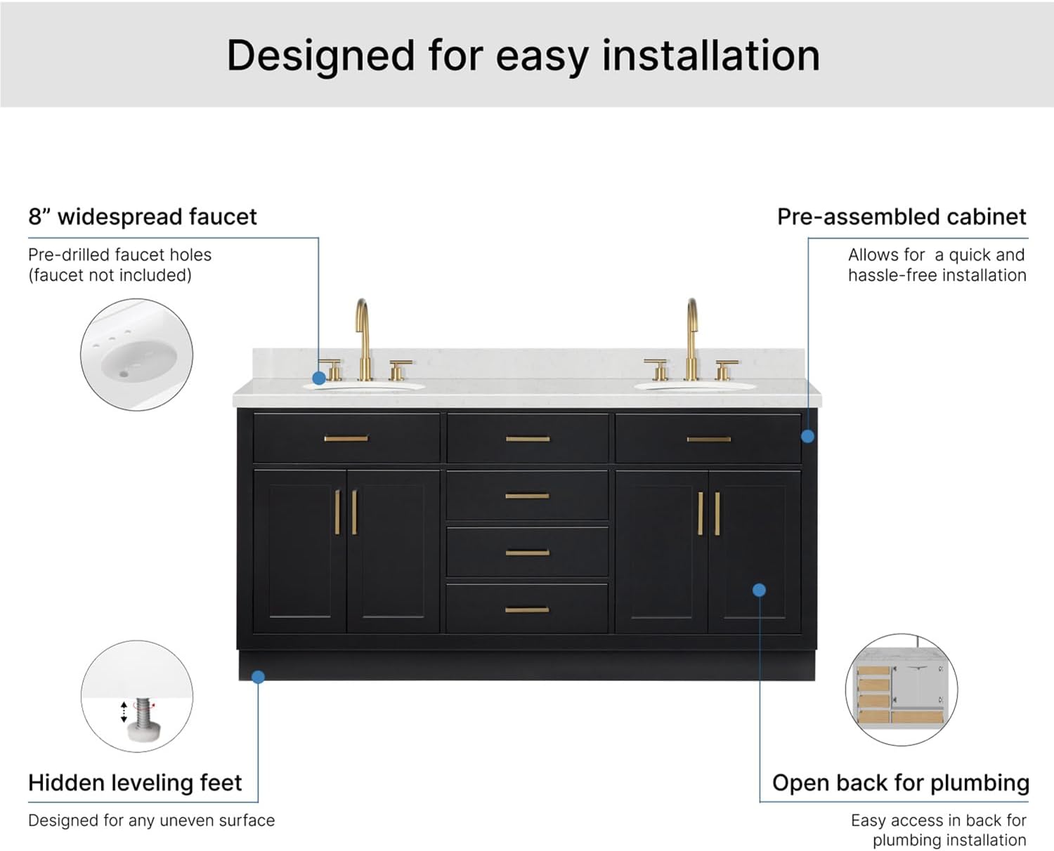 ARIEL Hepburn 72-inch Bathroom Vanity with Sink,Solid Wood, 1.5-inch Carrara White Quartz Countertop & Backsplash, Double Oval Porcelain Sink, 4 Soft Closing Doors, 6 Dovetail Drawers, Black