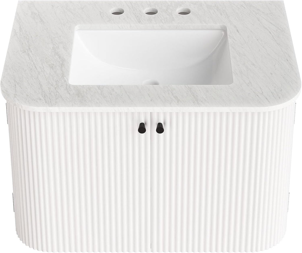 Modway Zia 30 Inch Wall-Mount Bathroom Vanity in Ivory with Marble Sink Basin - Floating Bathroom Cabinet with Fluted Design