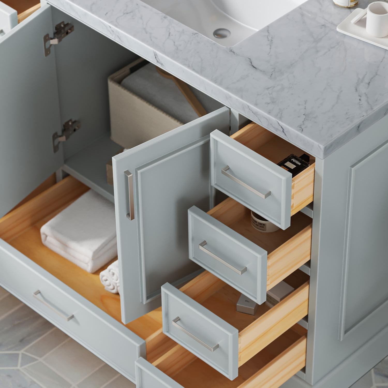 ARIEL Stafford 48-inch Bathroom Vanity with Sink,Solid Wood, 1.5-inch Italian Carrara Marble Countertop, Single Rectangular Porcelain Sink, 2 Soft Closing Doors, 9 Dovetail Drawers, Grey