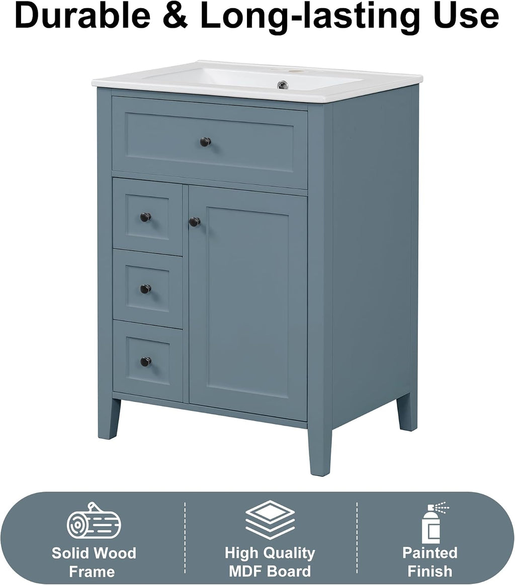 24' Bathroom Vanities Sink Set, Cabinet with Multi-Functional Tip-Out Drawer and Adjustable Shelf, Soft-Closing Door, Solid Wood Legs, Gray Blue