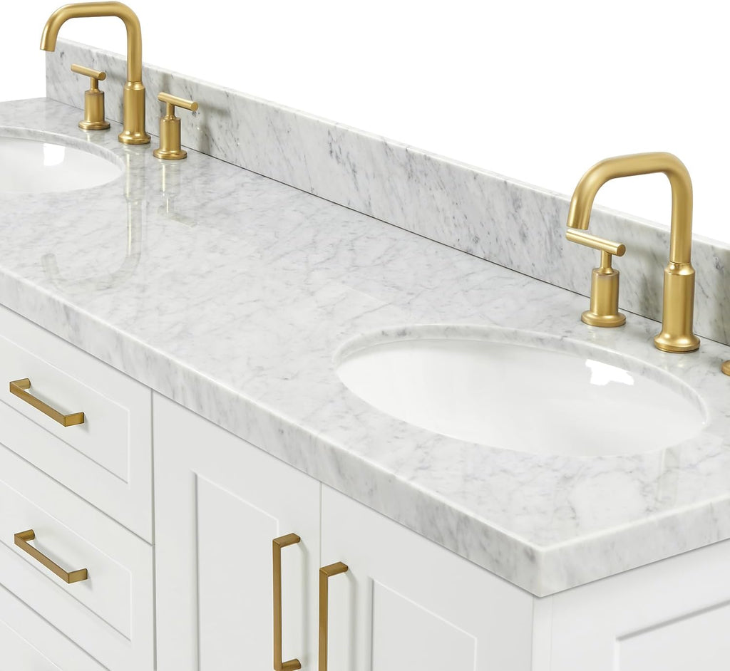 ARIEL Taylor 66-inch Bathroom Vanity with Sink,Solid Wood, 1.5-inch Italian Carrara Marble Countertop & Backsplash, Double Oval Porcelain Sink, 4 Soft Closing Doors, 5 Dovetail Drawers, White