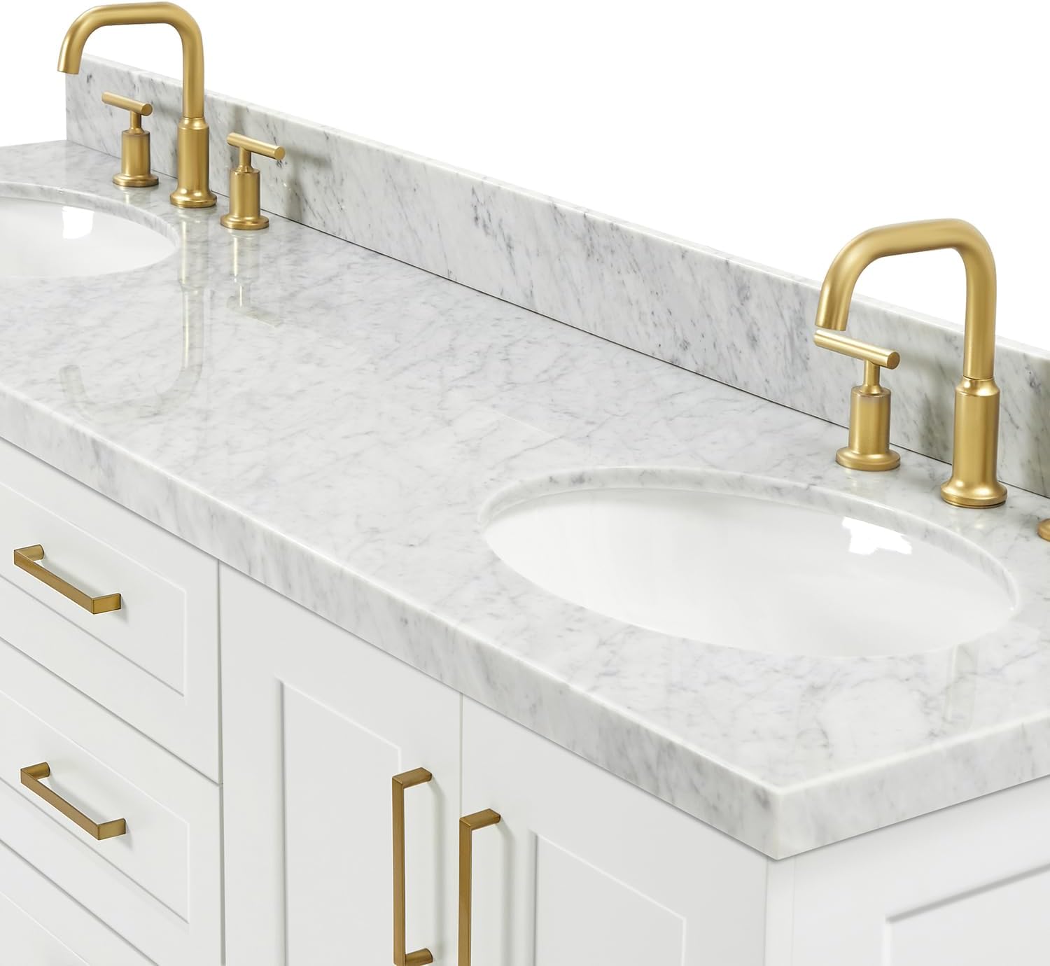 ARIEL Taylor 66-inch Bathroom Vanity with Sink,Solid Wood, 1.5-inch Italian Carrara Marble Countertop & Backsplash, Double Oval Porcelain Sink, 4 Soft Closing Doors, 5 Dovetail Drawers, White