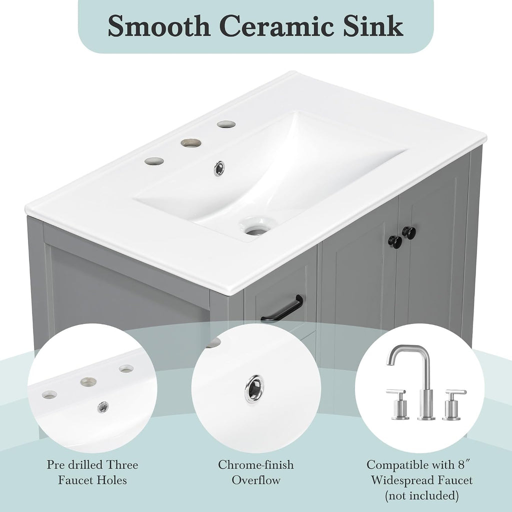 LUMISOL 30 Inch Bathroom Vanity with Ceramic Sink, Freestanding Bathroom Vanity with 2 Drawers, Soft-Close Doors & Open Shelf, Solid Wood Bathroom Cabinet with Offset Sink, Gray