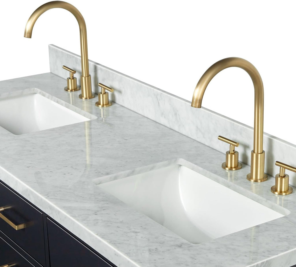 ARIEL Hepburn 66-inch Bathroom Vanity with Sink,Solid Wood, 1.5-inch Italian Carrara Marble Countertop, Double Rectangular Porcelain Sink, 4 Soft Closing Doors, 6 Dovetail Drawers, Black