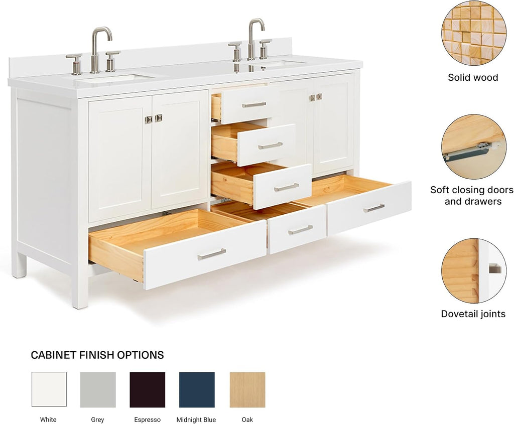 ARIEL Cambridge 72-inch Bathroom Vanity with Sink,Solid Wood, 1.5-inch Pure White Quartz Countertop & Backsplash, Double Rectangular Porcelain Sink, 4 Soft Closing Doors, 6 Dovetail Drawers, White