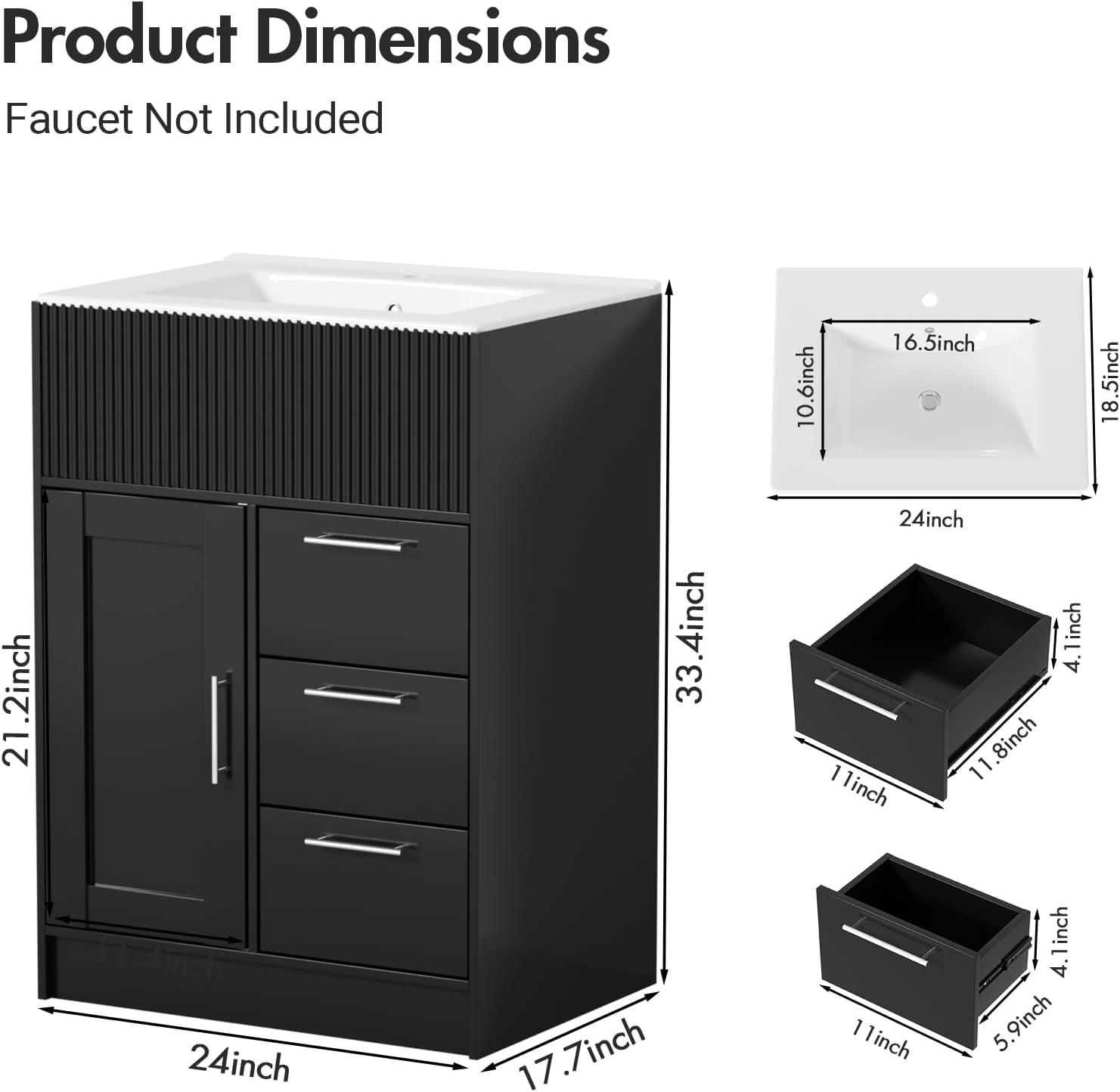 Kikihouse 24 Inch Bathroom Vanity with Sink, Freestanding Modern Bathroom Vanity Cabinet with Ceramic Basin, Single Sink Small Bathroom Vanity for Apartment (Black, 24 inch)
