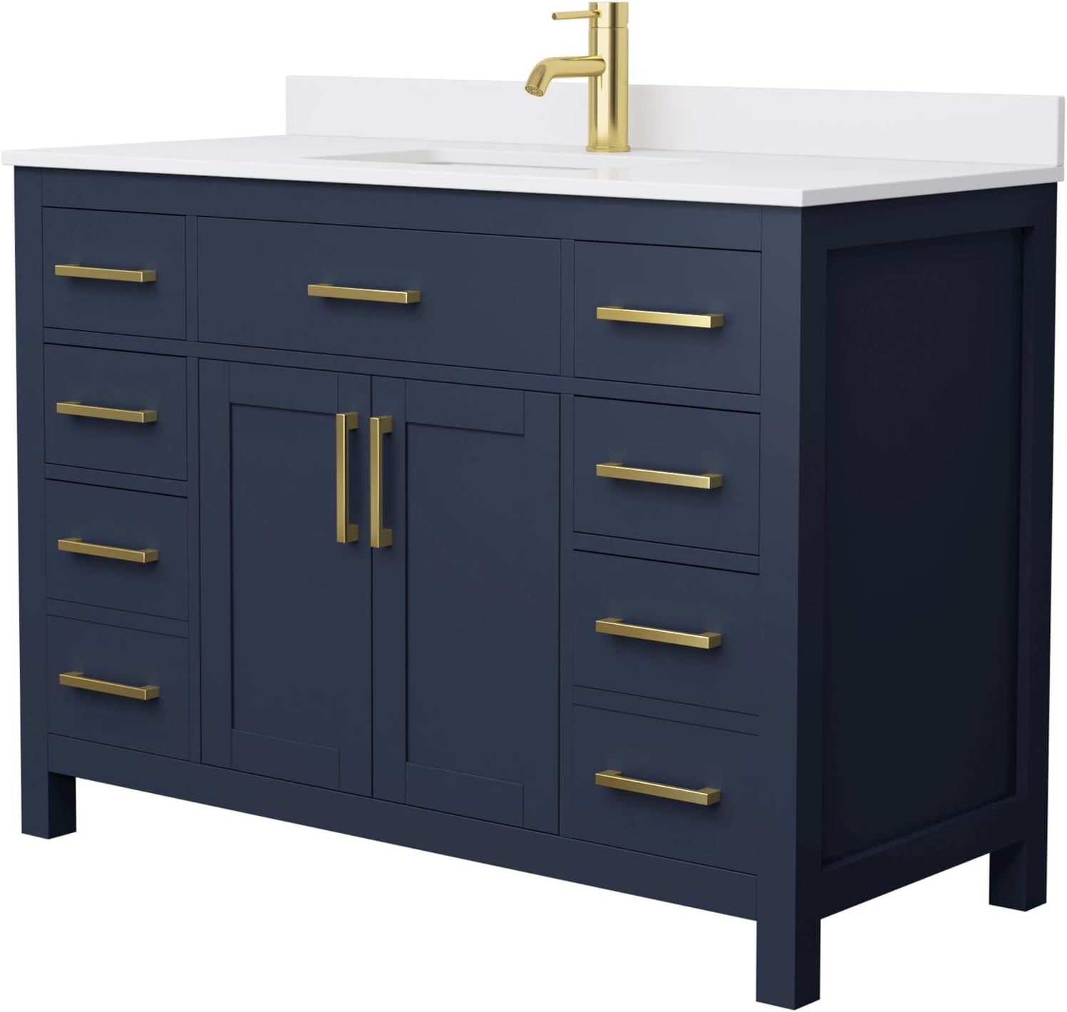 Beckett 48 Inch Single Bathroom Vanity in Dark Blue, White Cultured Marble Countertop, Undermount Square Sink, Brushed Gold Trim