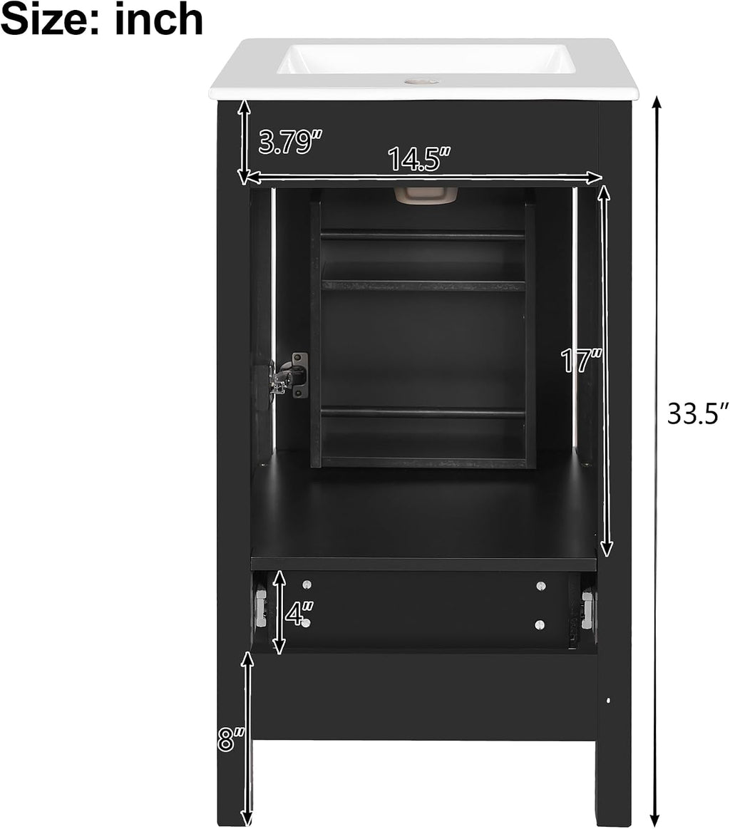 VilroCaz Modern 18'' Bathroom Vanity with Top Sink, Freestanding Bathroom Storage Cabinet with Door and Divider Drawer, Single Sink Cabinet with Adjustable Plastic Foot Pads (Black+1 Drawer)