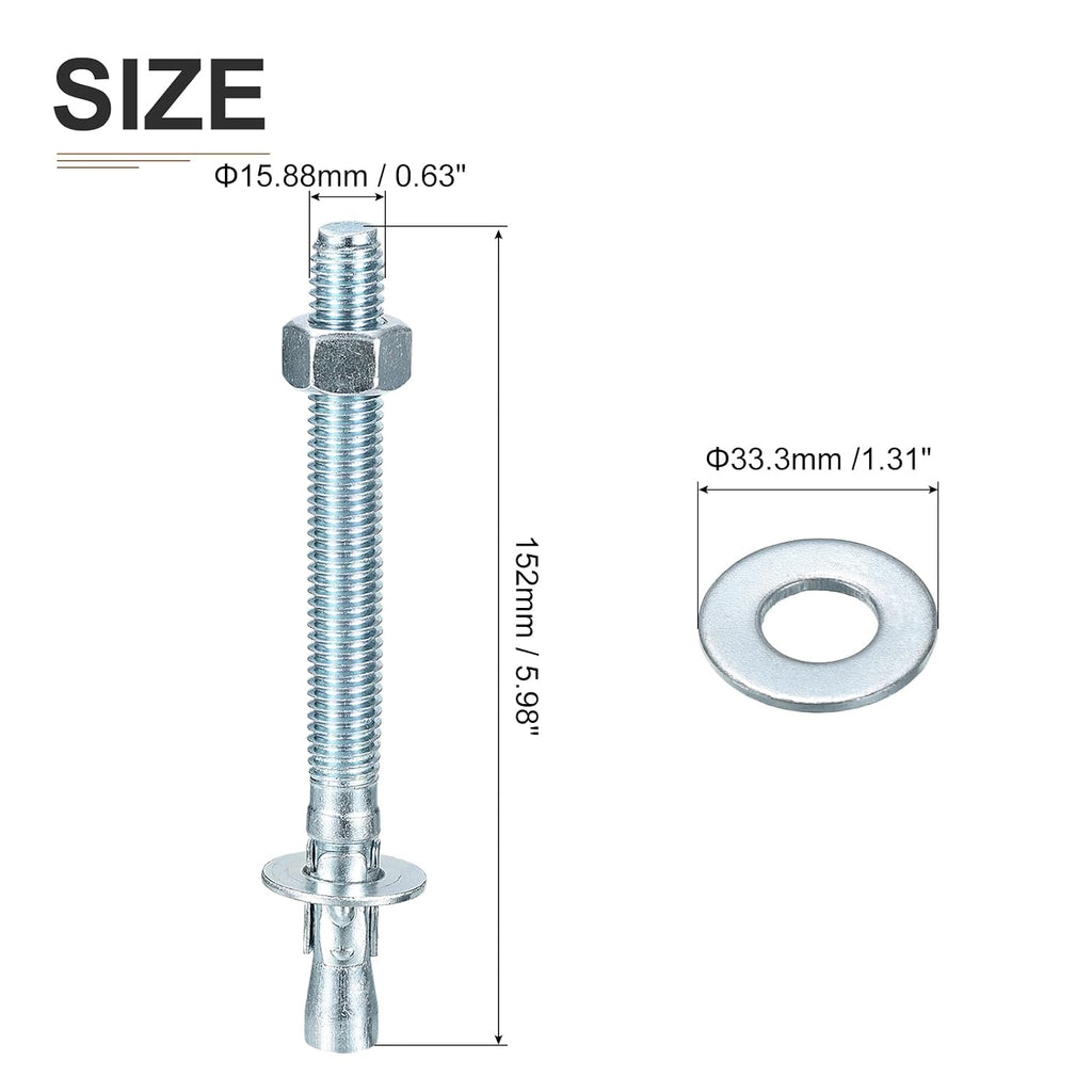 DTGN 5/8' x 6' Wedge Anchors - 50Pack - Good for Cement and Concrete Wall - Carbon Steel Zinc Plated Screw Bolt Nut Expansion Tube Fasteners