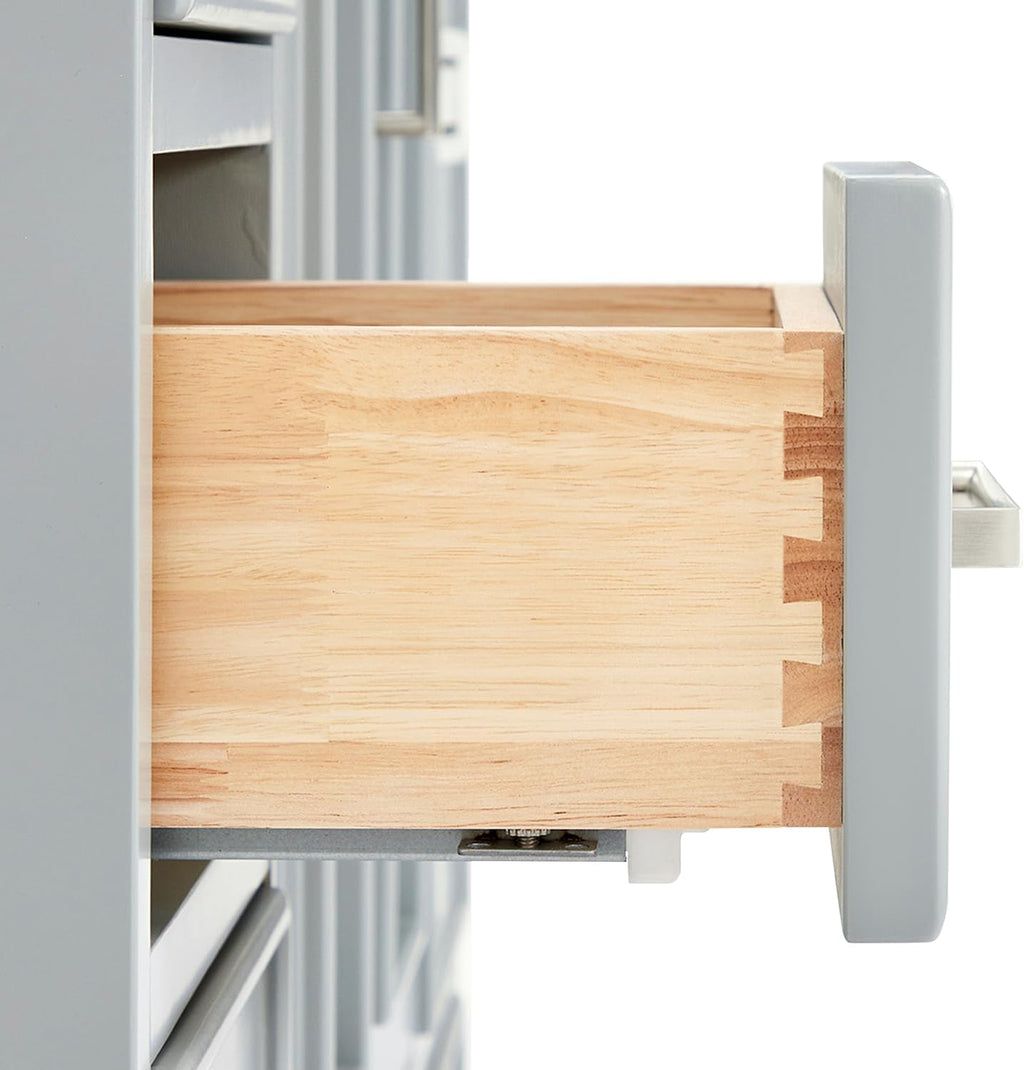 DKB Langford 42-inch Grey Bathroom Vanity with Right Oval Single Sink, Pure White Quartz Countertop & Backsplash, Solid Wood Frame, Soft-Closing & Dovetail Drawers