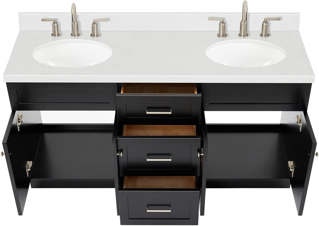 ARIEL Hamlet 66-inch Bathroom Vanity with Sink,Solid Wood, 1.5-inch Carrara White Quartz Countertop & Backsplash, Double Oval Porcelain Sink, 4 Soft Closing Doors, 3 Dovetail Drawers, Black