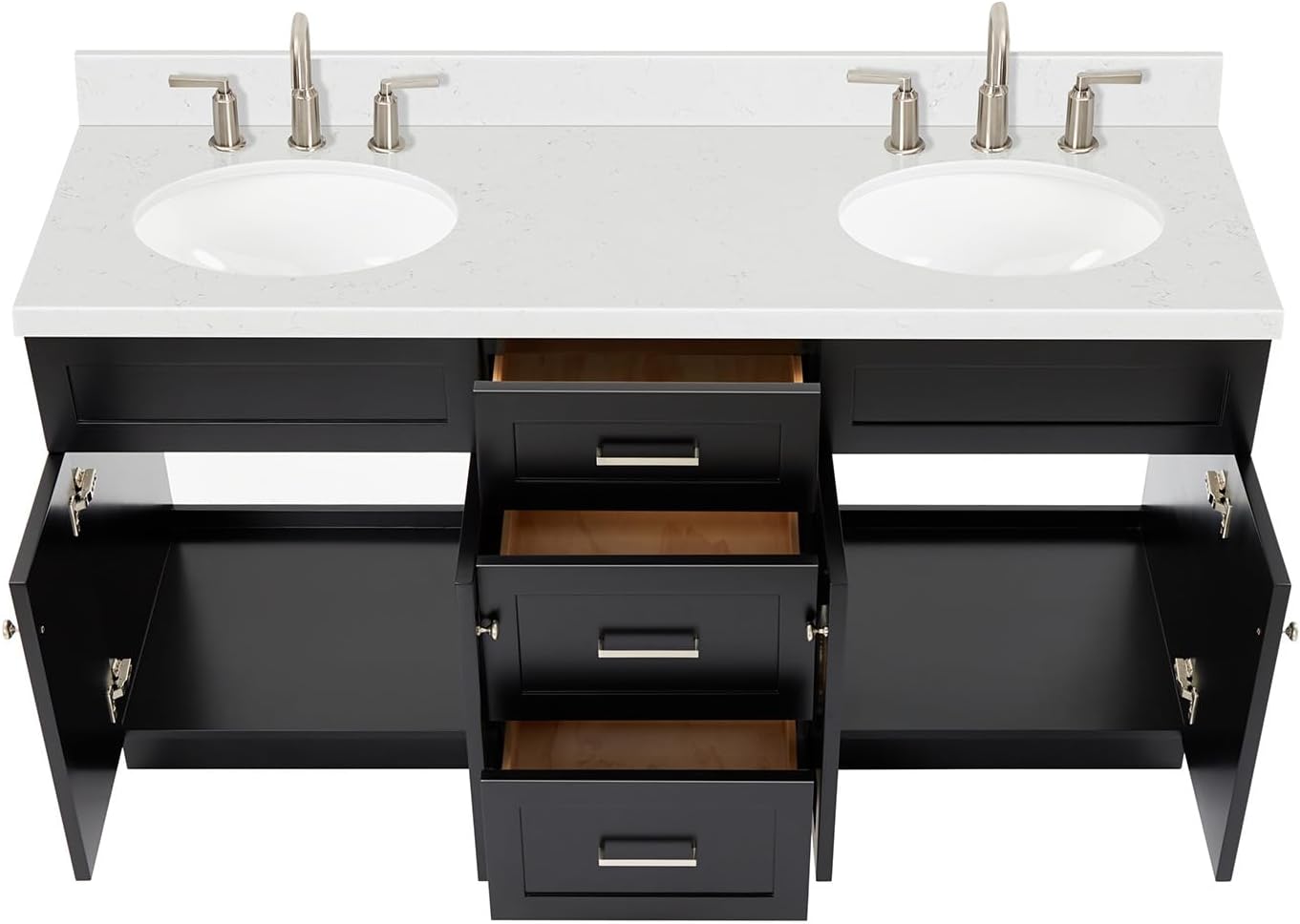 ARIEL Hamlet 66-inch Bathroom Vanity with Sink,Solid Wood, 1.5-inch Carrara White Quartz Countertop & Backsplash, Double Oval Porcelain Sink, 4 Soft Closing Doors, 3 Dovetail Drawers, Black