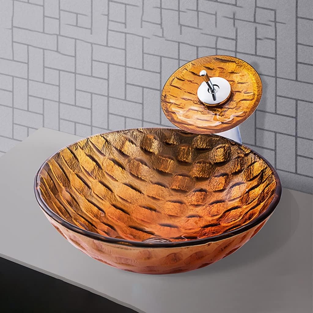 MBROS Tempered Glass Bathroom Vanity Sinks Orange Round Shape Artistic Vessel Sink Counter Top Installation with Waterfall Chrome Faucet Combo and Pop Up Sink Drain (Color : Orange, Size : 42x42x1
