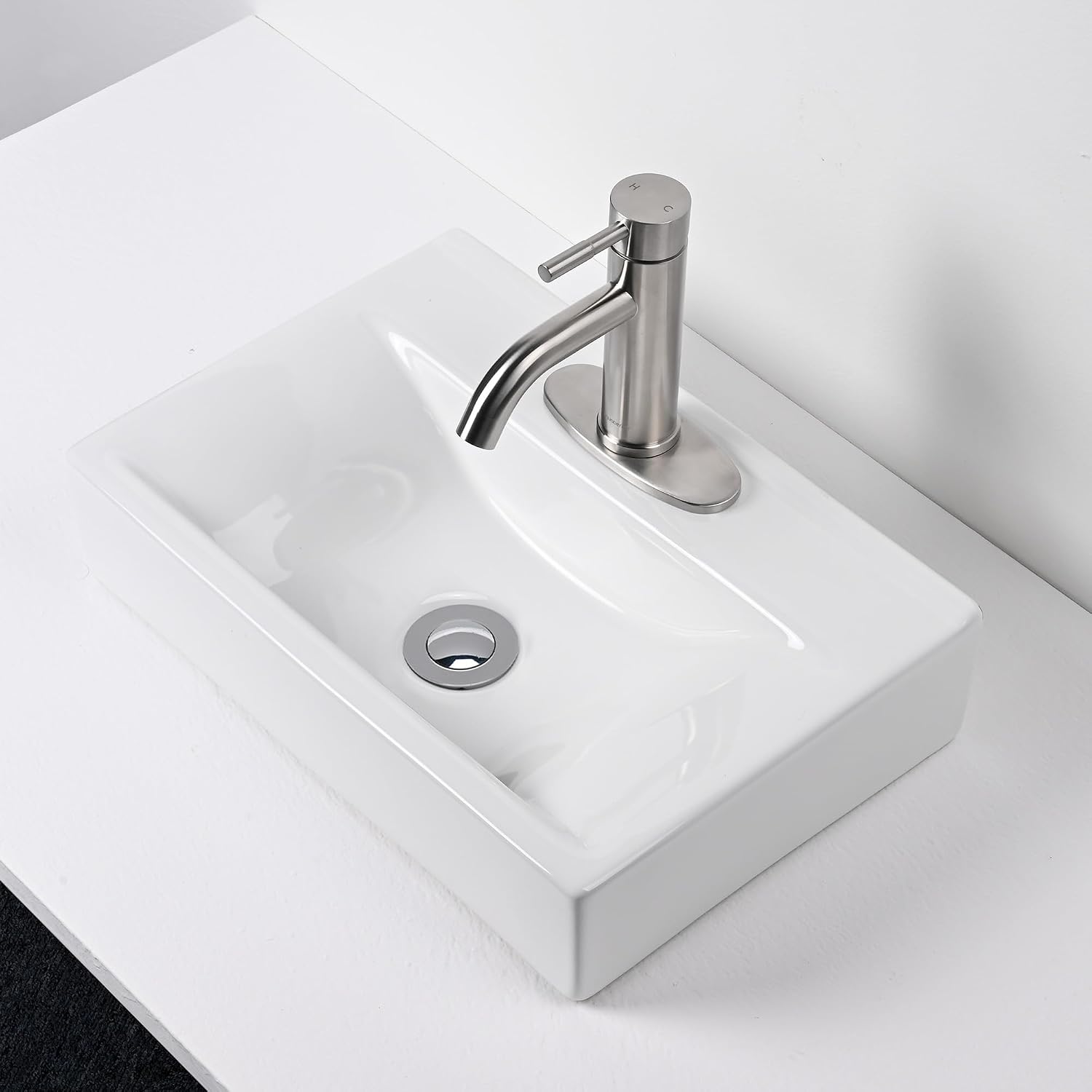 Aquaterior Porcelain Bathroom Vessel Sink 18'x12' with Brushed Nickel Single Handle Bathroom Faucet Pop-up Drain Combo Rectangle Above Counter Vanity Basin Minimalist Modern