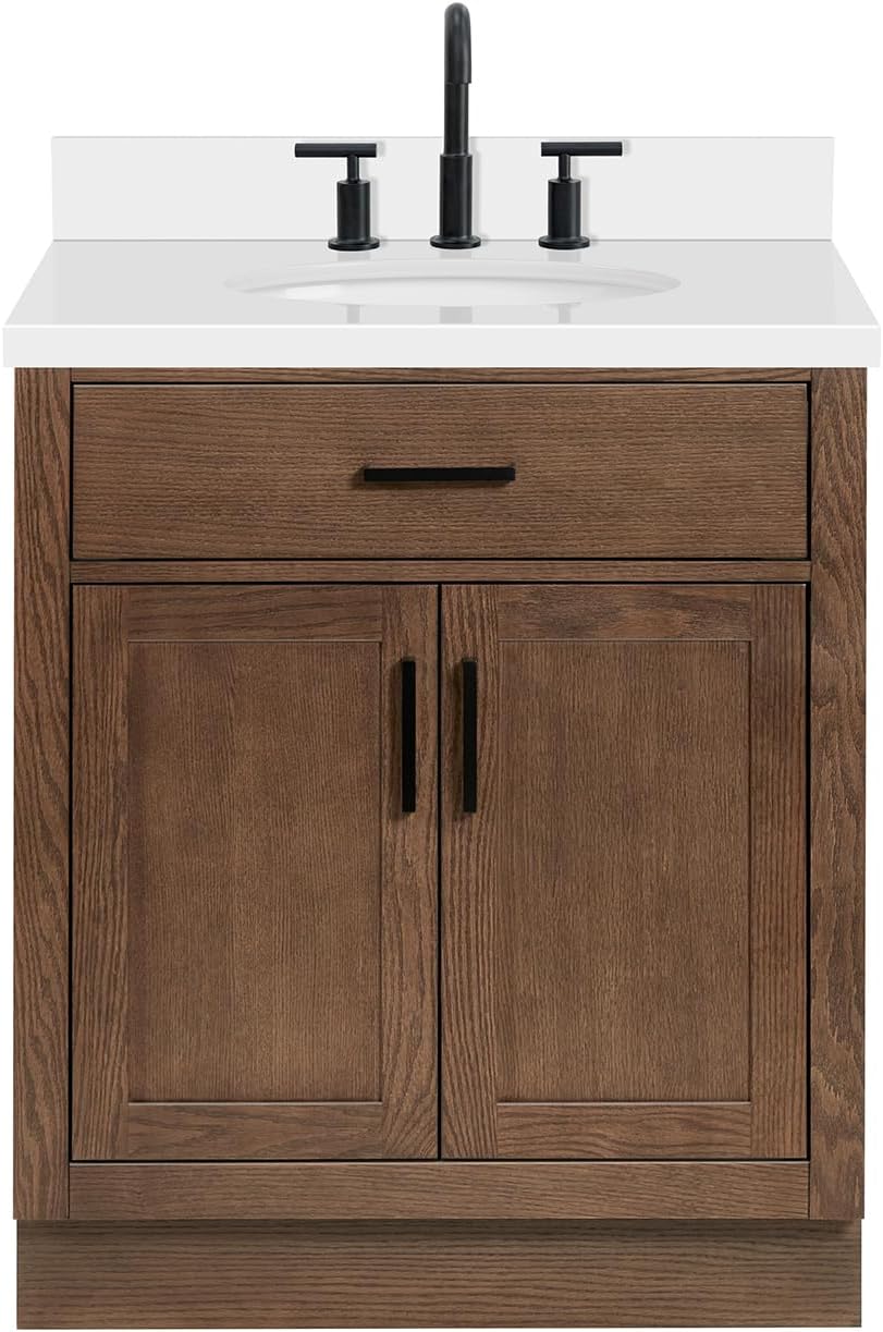 ARIEL Hepburn 30-inch Bathroom Vanity with Sink,Solid Wood, 1.5-inch Pure White Quartz Countertop & Backsplash, Single Oval Porcelain Sink, 2 Soft Closing Doors, 1 Dovetail Drawers, Brown Oak
