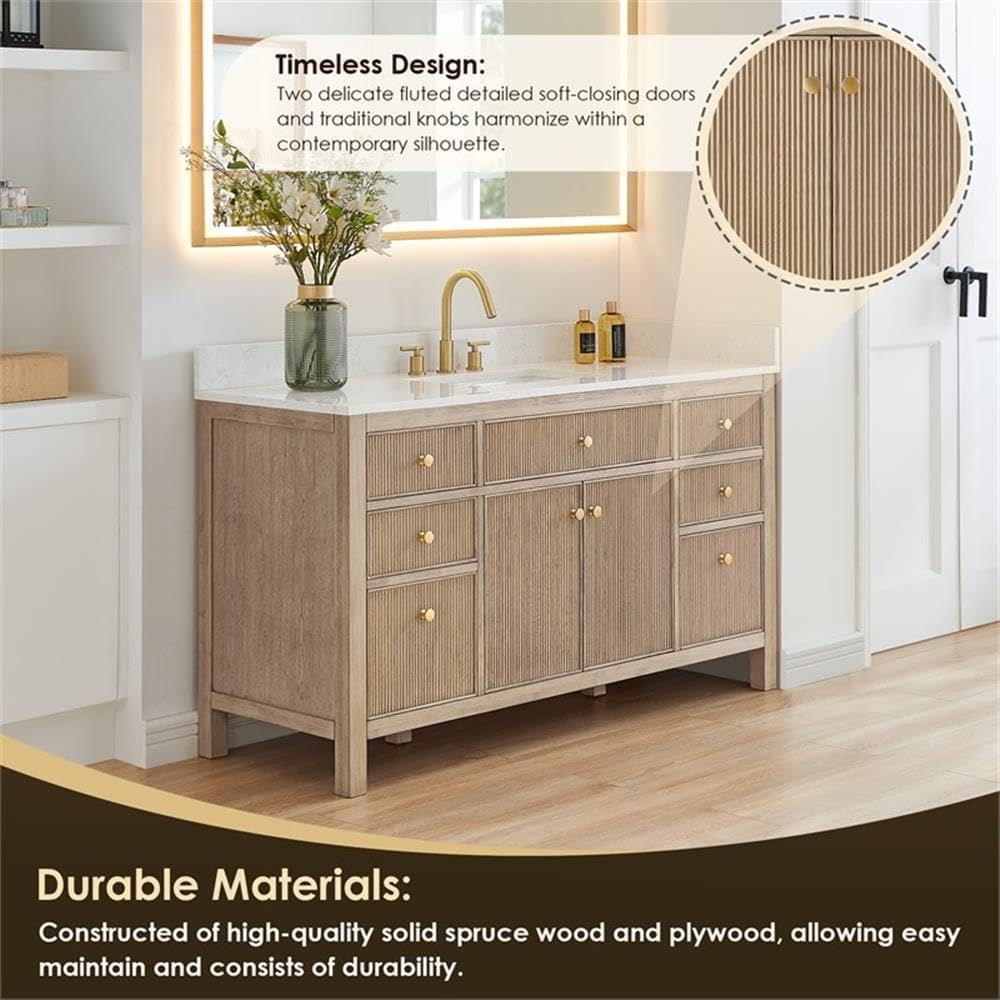 Pemberly Row 60' Single Wood Bathroom Vanity, Natural Oak Finish, White Engineered Stone Top, Fluted Doors, 7 Drawers, Ceramic Undermount Sink, Contemporary Style Without Mirror