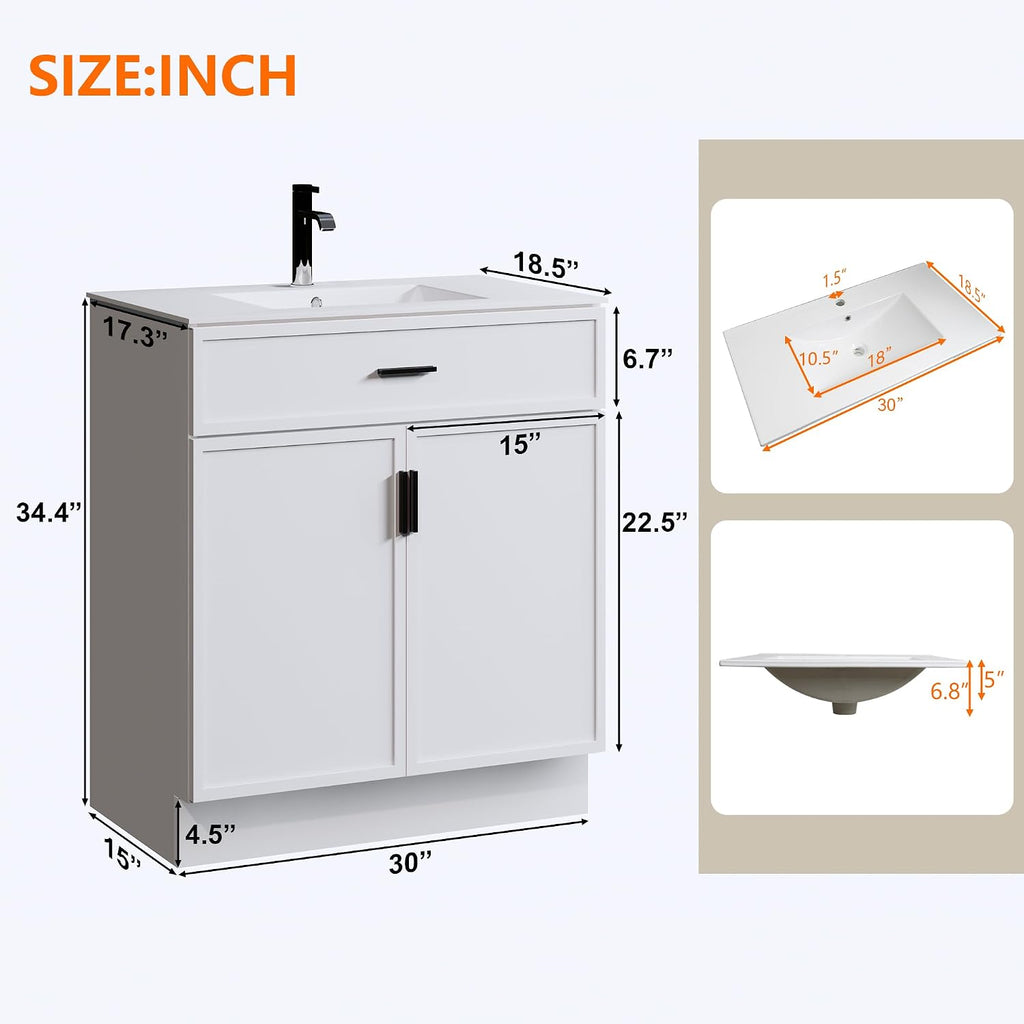30 Inch White Bathroom Vanity with Ceramic Sink, Modern Freestanding Bathroom Cabinet with Soft-Close Doors & Storage, Moisture-Resistant Paint Surface, Single Sink Vanity for Small Bathroom