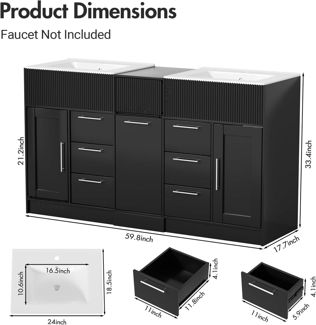 Kikihouse 60 Inch Bathroom Vanity with Double-Sink, Freestanding Modern Bathroom Vanity Cabinet with Ceramic Basin, Storage Organizer with 7 Drawers, for for Spacious Bathrooms (Black, 60 inch)