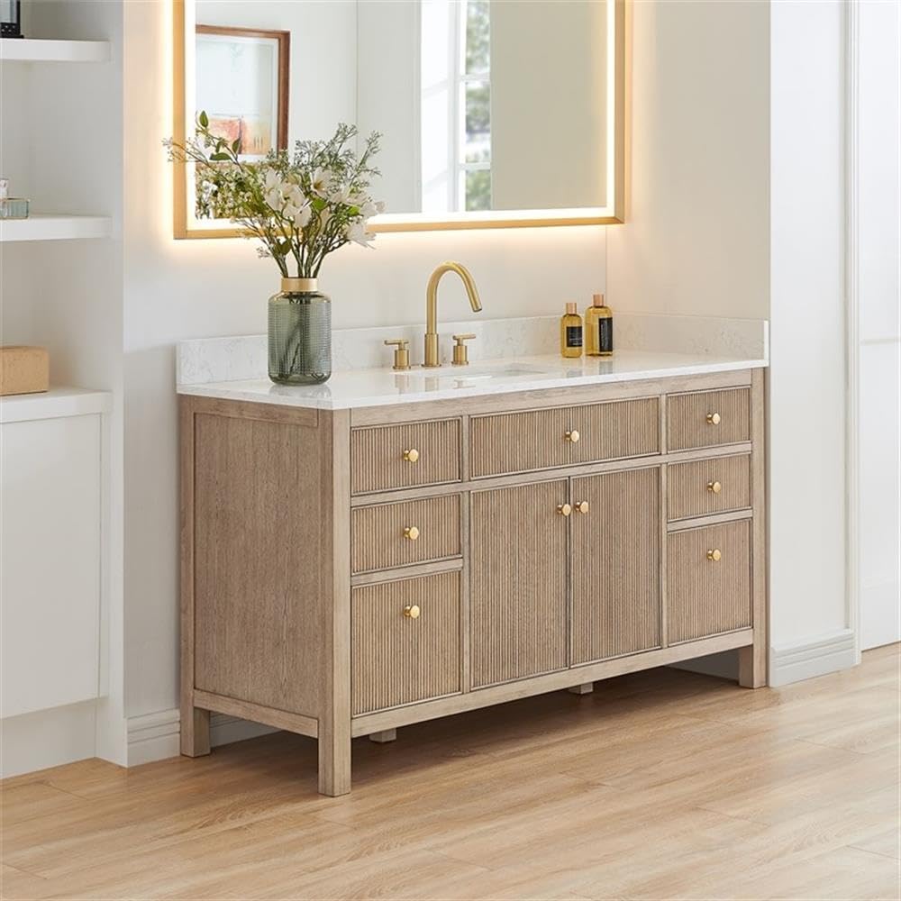 Pemberly Row 60' Single Wood Bathroom Vanity, Natural Oak Finish, White Engineered Stone Top, Fluted Doors, 7 Drawers, Ceramic Undermount Sink, Contemporary Style Without Mirror