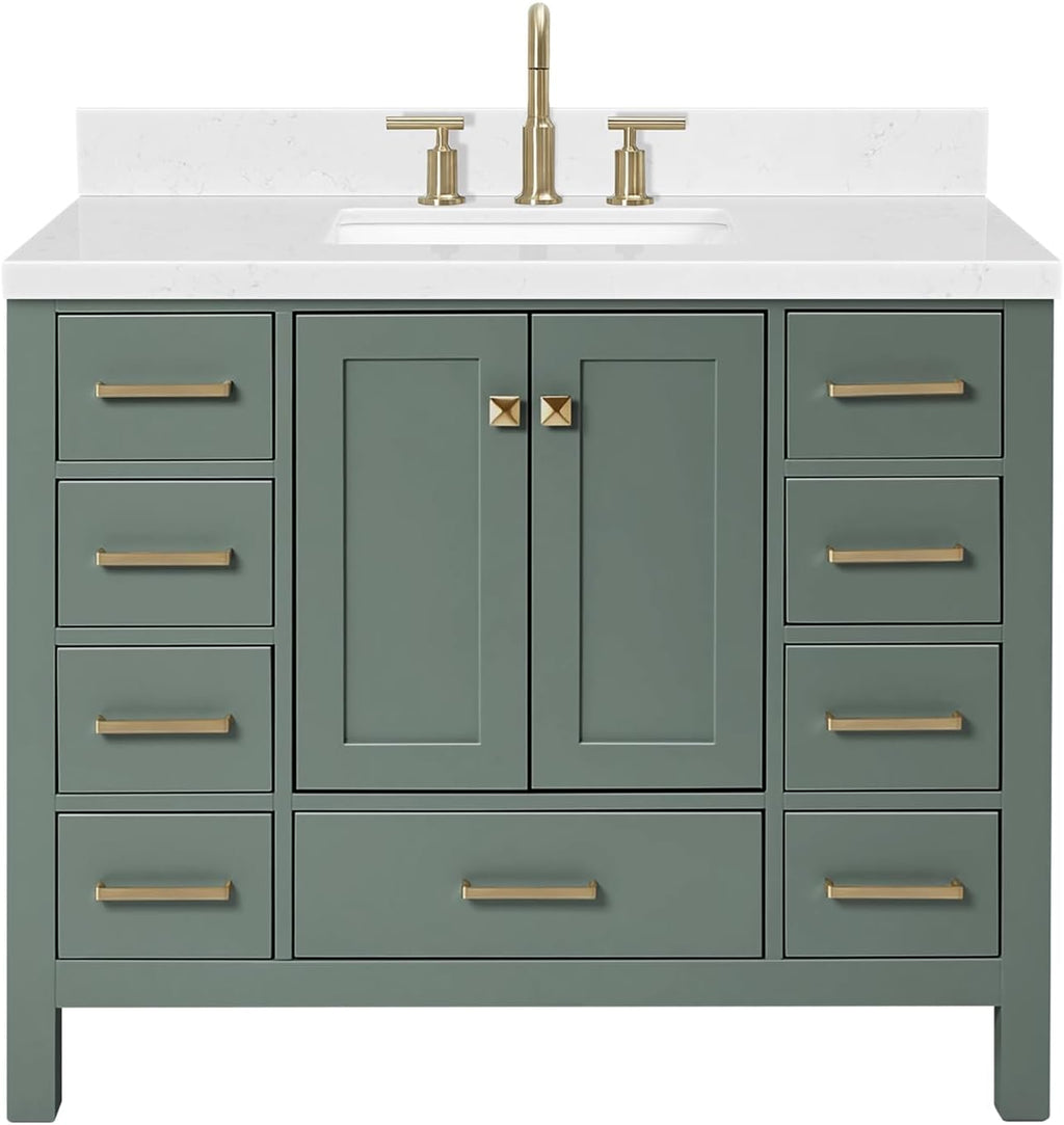 ARIEL Cambridge 42 Inch Single Rectangle Sink Bathroom Vanity with Carrara White Quartz Countertop 1.5 Inch in Vintage Green