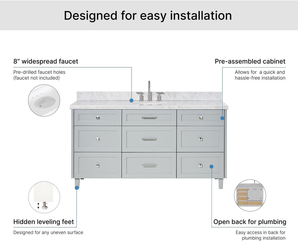 ARIEL Monroe 66-inch Bathroom Vanity with Sink,Solid Wood, 1.5-inch Italian Carrara Marble Countertop, Single Oval Porcelain Sink, Dovetail Drawers, Grey