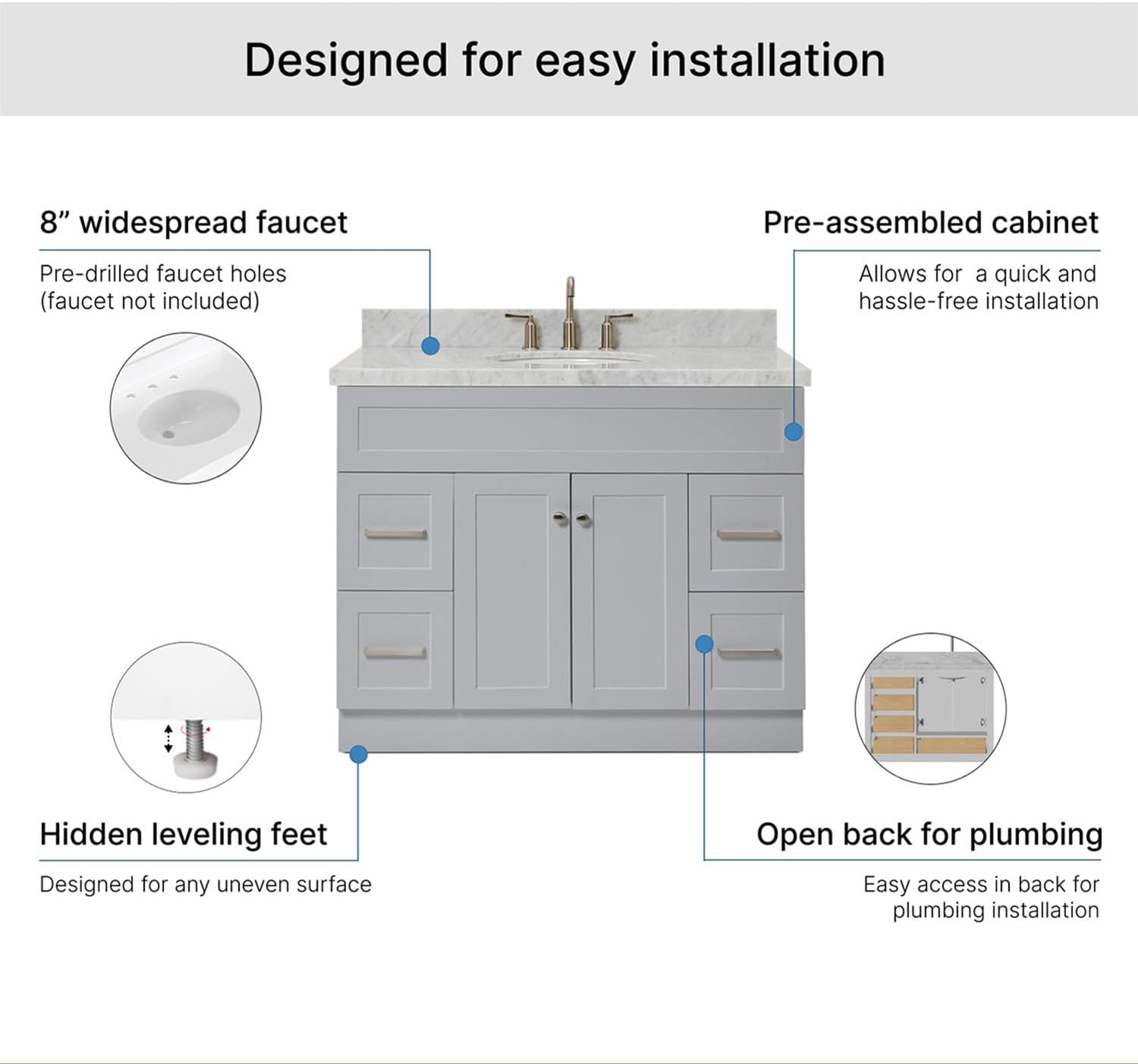 ARIEL Hamlet 42-inch Bathroom Vanity with Sink,Solid Wood, 1.5-inch Italian Carrara Marble Countertop & Backsplash, Single Oval Porcelain Sink, 2 Soft Closing Doors, 4 Dovetail Drawers, Grey