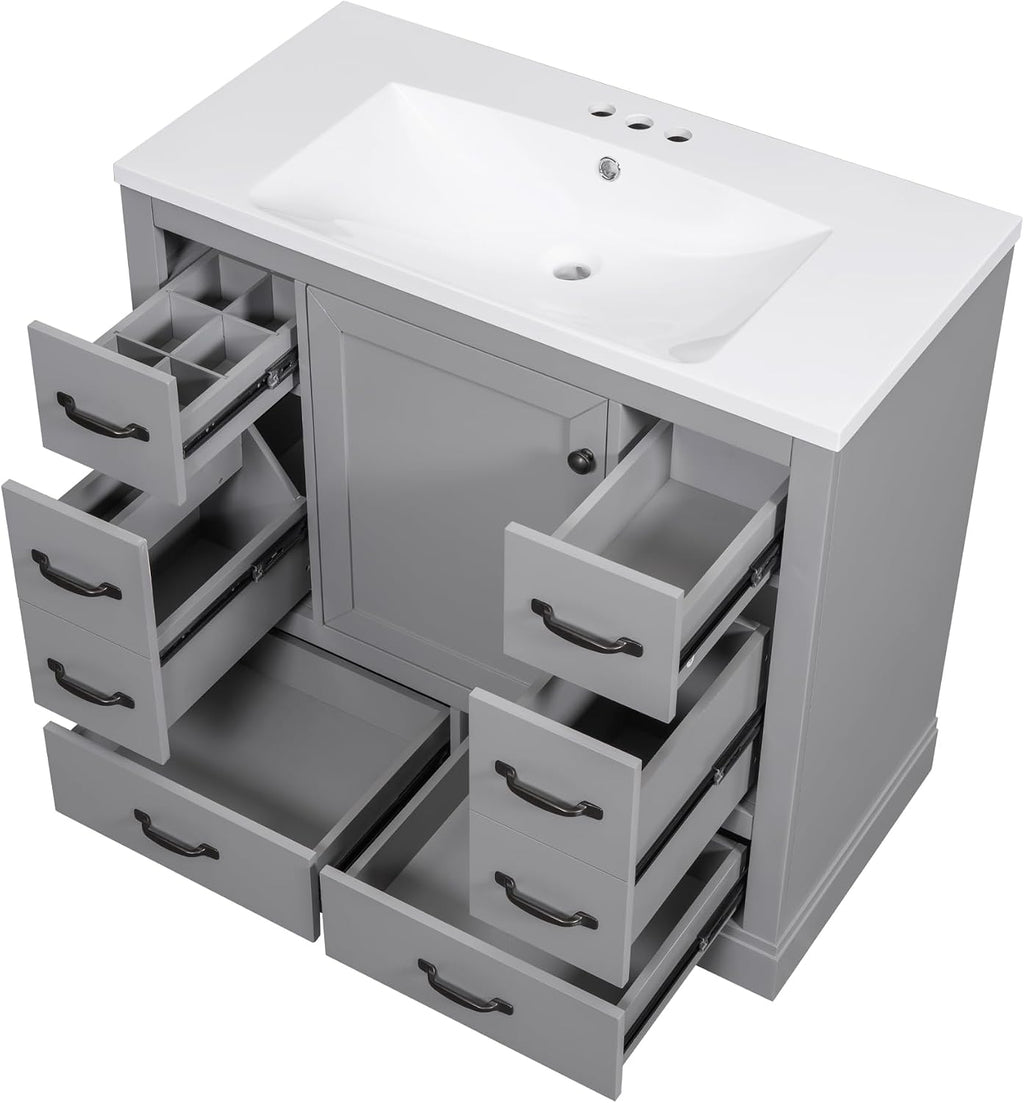36' Vanity Bathroom Cabinet with Sink Top, Six Multi-Functional Drawers, Adjustable Shelf, Soft-Closing Door, Grey