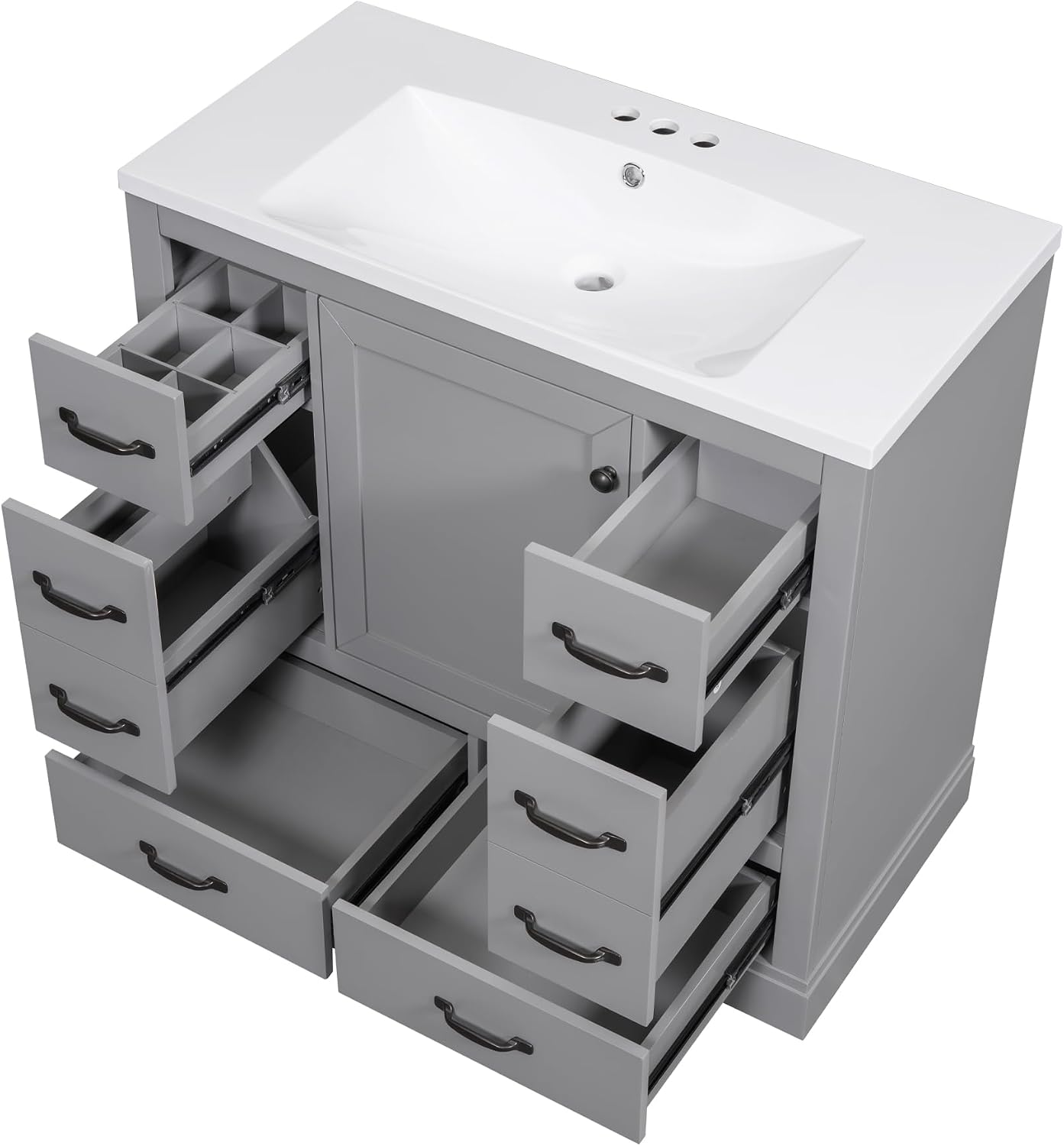 36' Vanity Bathroom Cabinet with Sink Top, Six Multi-Functional Drawers, Adjustable Shelf, Soft-Closing Door, Grey