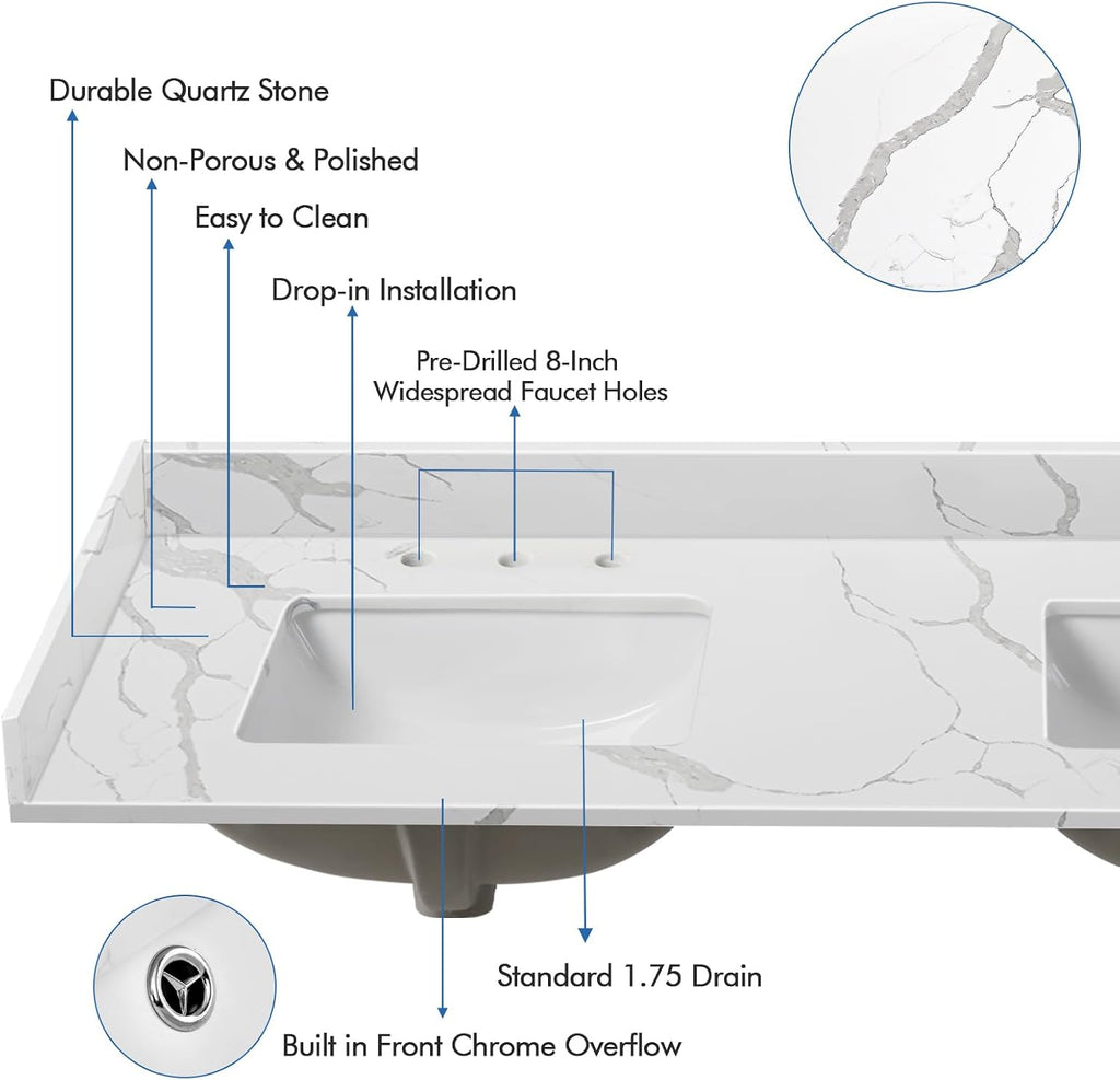 60 in.W x 22 in.D Quartz Calacatta River Vanity Top,with Undermount Double Sink Vanity Top,with Two Sidesplash & One Backsplash,8 Inch Faucet Hole Spread Bathroom Vanity Sink Countertop