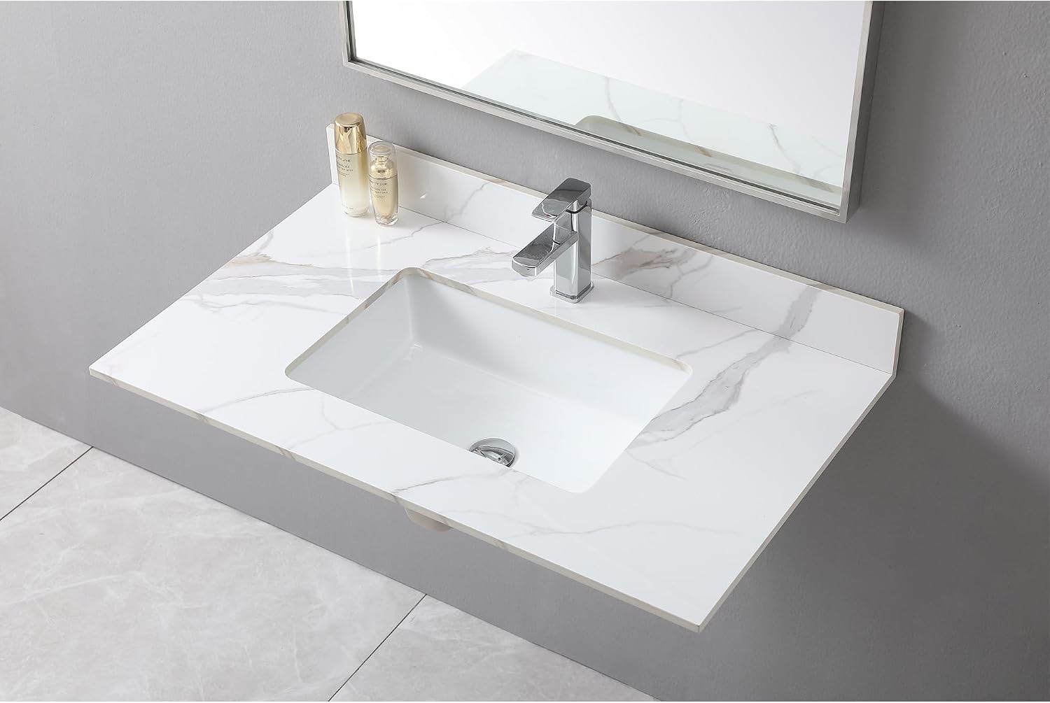 37 x 22 Inch Bathroom Vanity Top, Sintered Stone Top with Ceramic Sink, Single Hole Vanity Top With Undermount Rectangular Sink and 1 Backsplash (Carrara Gold, 1 Hole)