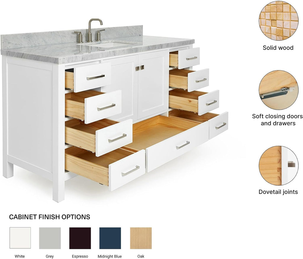 ARIEL Cambridge 60-inch Bathroom Vanity with Sink,Solid Wood, 1.5-inch Italian Carrara Marble Countertop, Single Rectangular Porcelain Sink, 2 Soft Closing Doors, 9 Dovetail Drawers, White