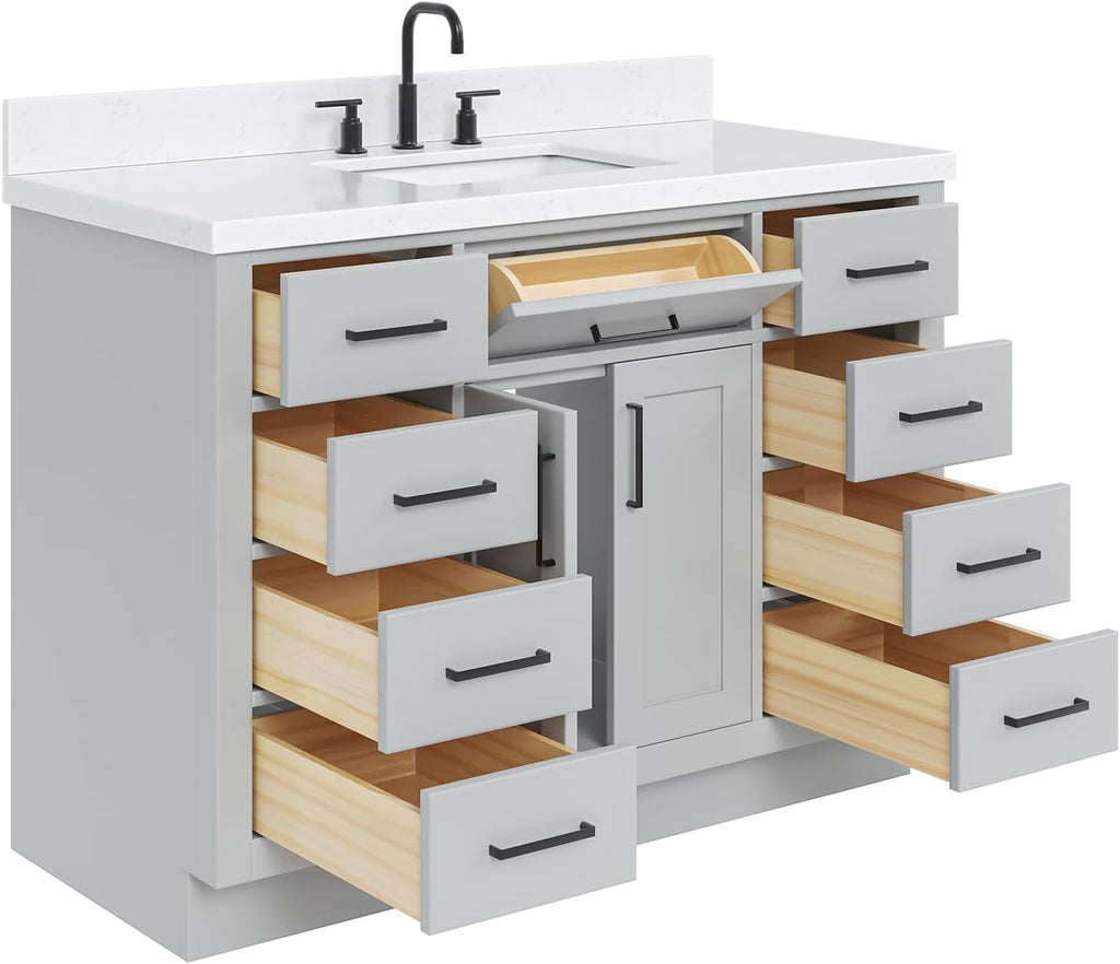 ARIEL Hepburn 48-inch Bathroom Vanity with Sink,Solid Wood, 1.5-inch Carrara White Quartz Countertop & Backsplash, Single Rectangular Porcelain Sink, 2 Soft Closing Doors, 9 Dovetail Drawers, Grey