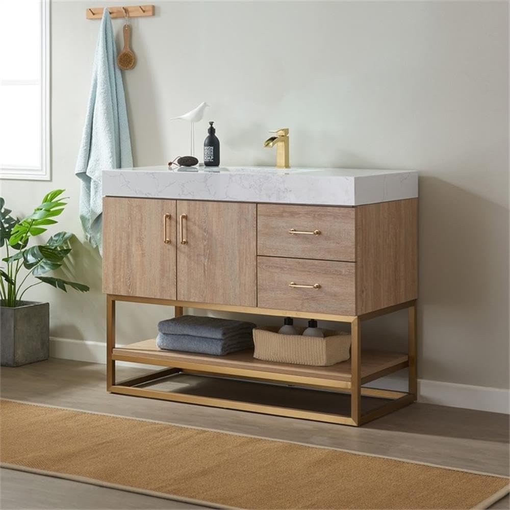 Pemberly Row 42' White Grain Stone Top Bathroom Vanity, Oak Finish, Solid Wood Construction, Ceramic Sink with Overflow, Brushed Gold Hardware, Soft-Closing Doors and Drawers, Contemporary Style