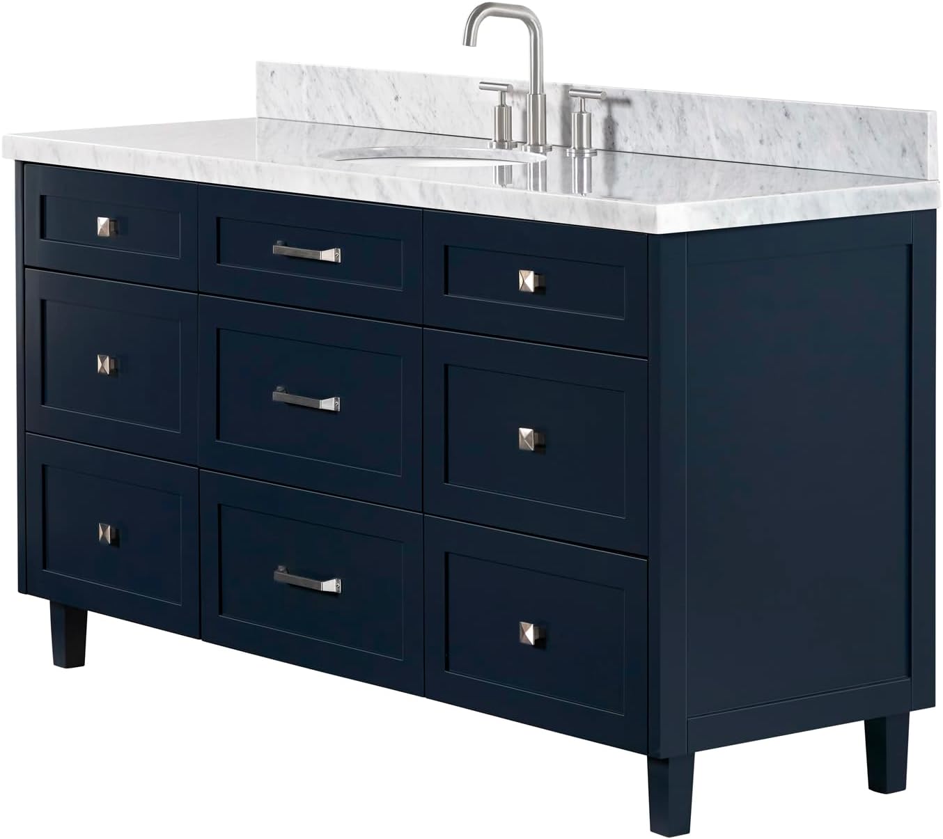 ARIEL Monroe 66-inch Bathroom Vanity with Sink,Solid Wood, 1.5-inch Italian Carrara Marble Countertop & Backsplash, Single Oval Porcelain Sink, 9 Dovetail Drawers, Midnight Blue