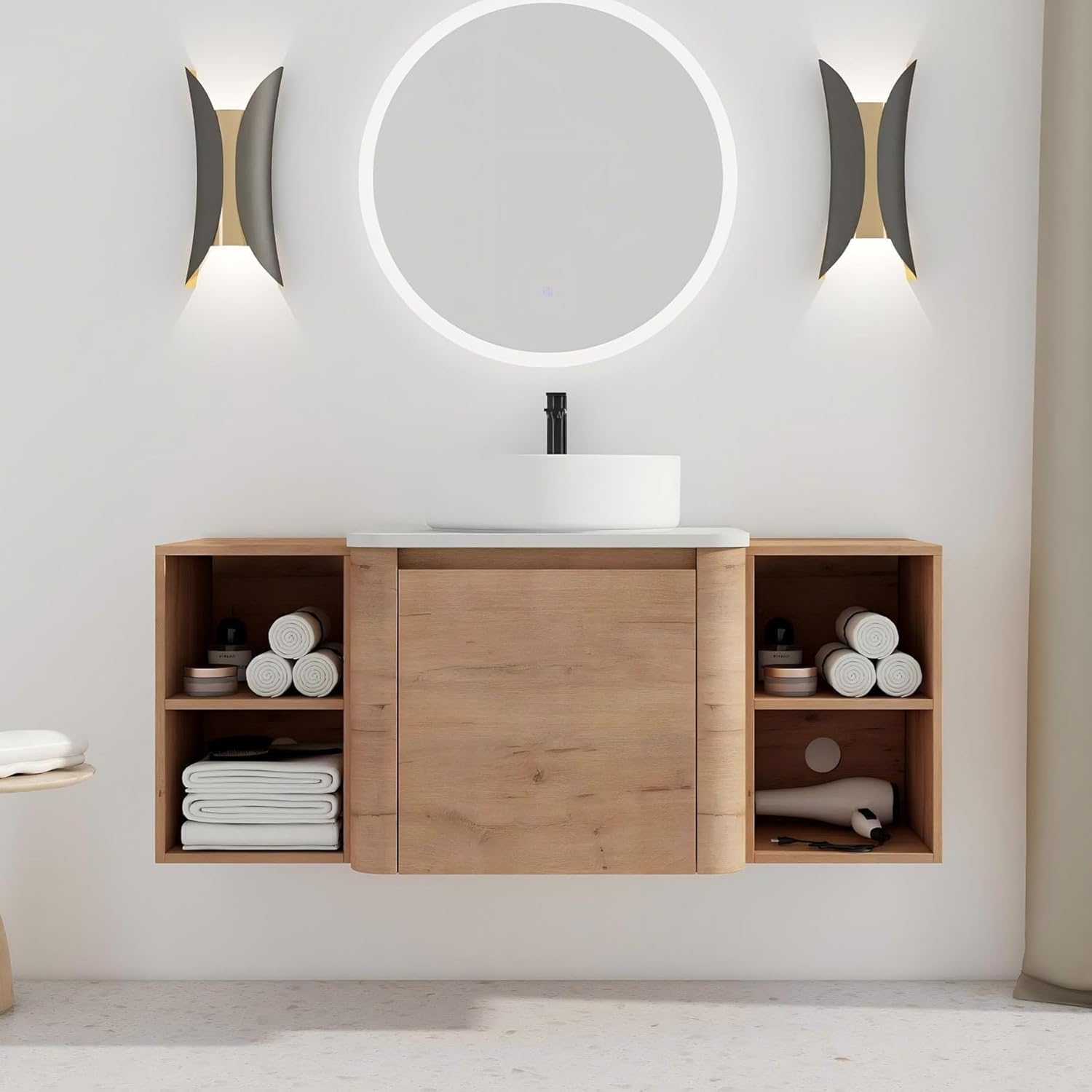 48 Inch Wall-Mounted Bathroom Vanity with Sink Combo Modern Floating Bathroom Vanitites with Round Ceramic Vessel Sink 48' Bathroom Sink Cabinet with Marble Counter Top & 2 Side Storage Shelves