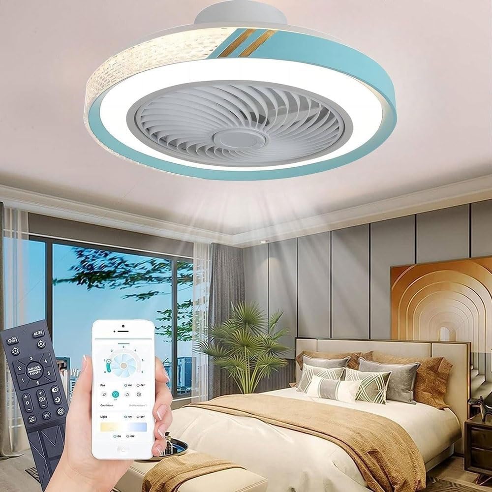 LED Quiet Ceiling Fan with Lighting, 50CM Blue 72W Dimmable Ceiling Fan Light with Remote Control and APP, Modern Crystal Ceiling Fan with Light for Living Room Bedroom