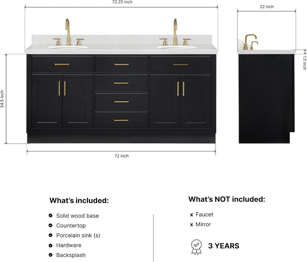 ARIEL Hepburn 72-inch Bathroom Vanity with Sink,Solid Wood, 1.5-inch Carrara White Quartz Countertop & Backsplash, Double Oval Porcelain Sink, 4 Soft Closing Doors, 6 Dovetail Drawers, Black