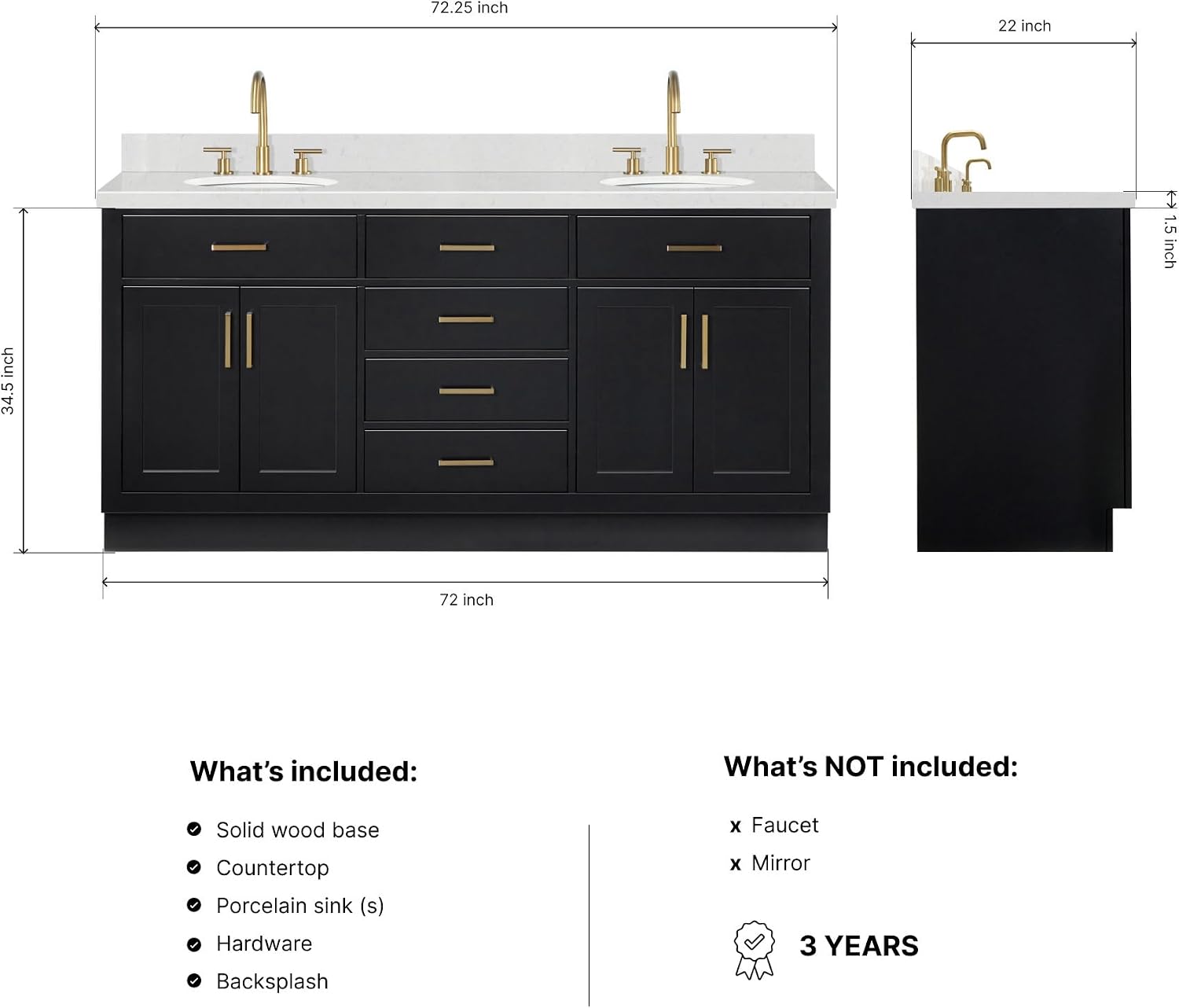 ARIEL Hepburn 72-inch Bathroom Vanity with Sink,Solid Wood, 1.5-inch Carrara White Quartz Countertop & Backsplash, Double Oval Porcelain Sink, 4 Soft Closing Doors, 6 Dovetail Drawers, Black