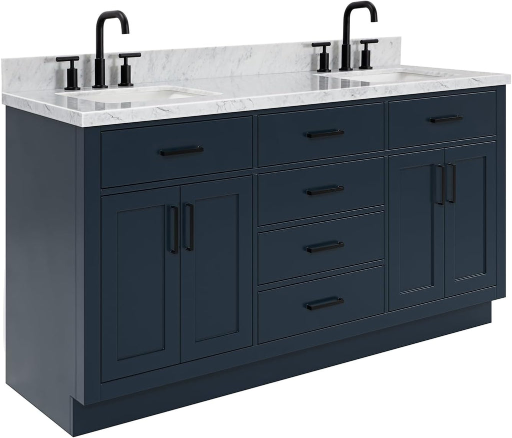 ARIEL Hepburn 66-inch Bathroom Vanity with Sink,Solid Wood, 1.5-inch Italian Carrara Marble Countertop, Double Rectangular Porcelain Sink, 4 Soft Closing Doors, 6 Dovetail Drawers, Midnight Blue