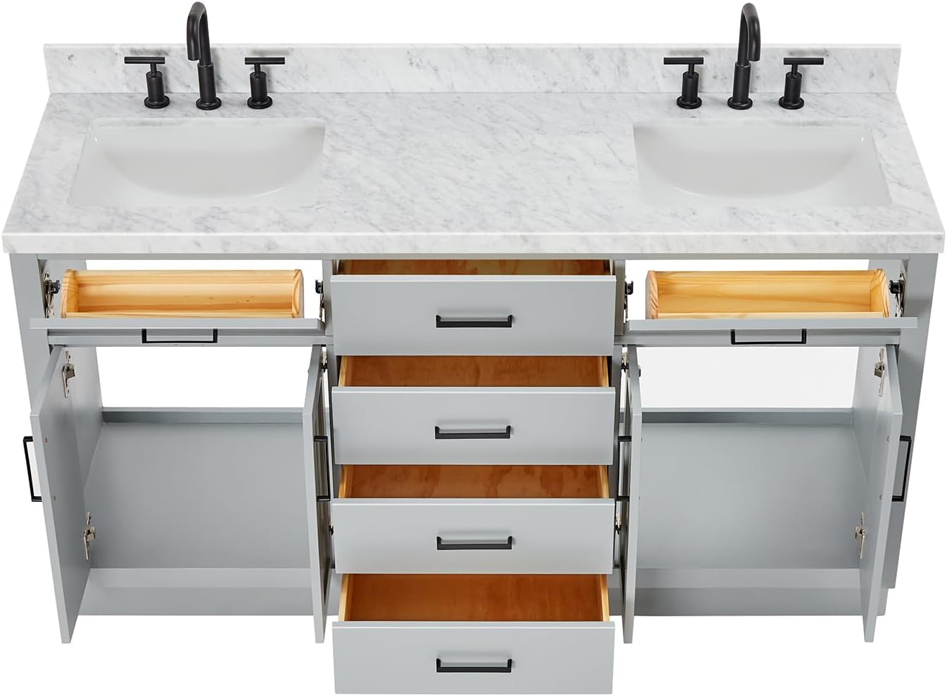 ARIEL Hepburn 66-inch Bathroom Vanity with Sink,Solid Wood, 1.5-inch Italian Carrara Marble Countertop, Double Rectangular Porcelain Sink, 4 Soft Closing Doors, 6 Dovetail Drawers, Grey