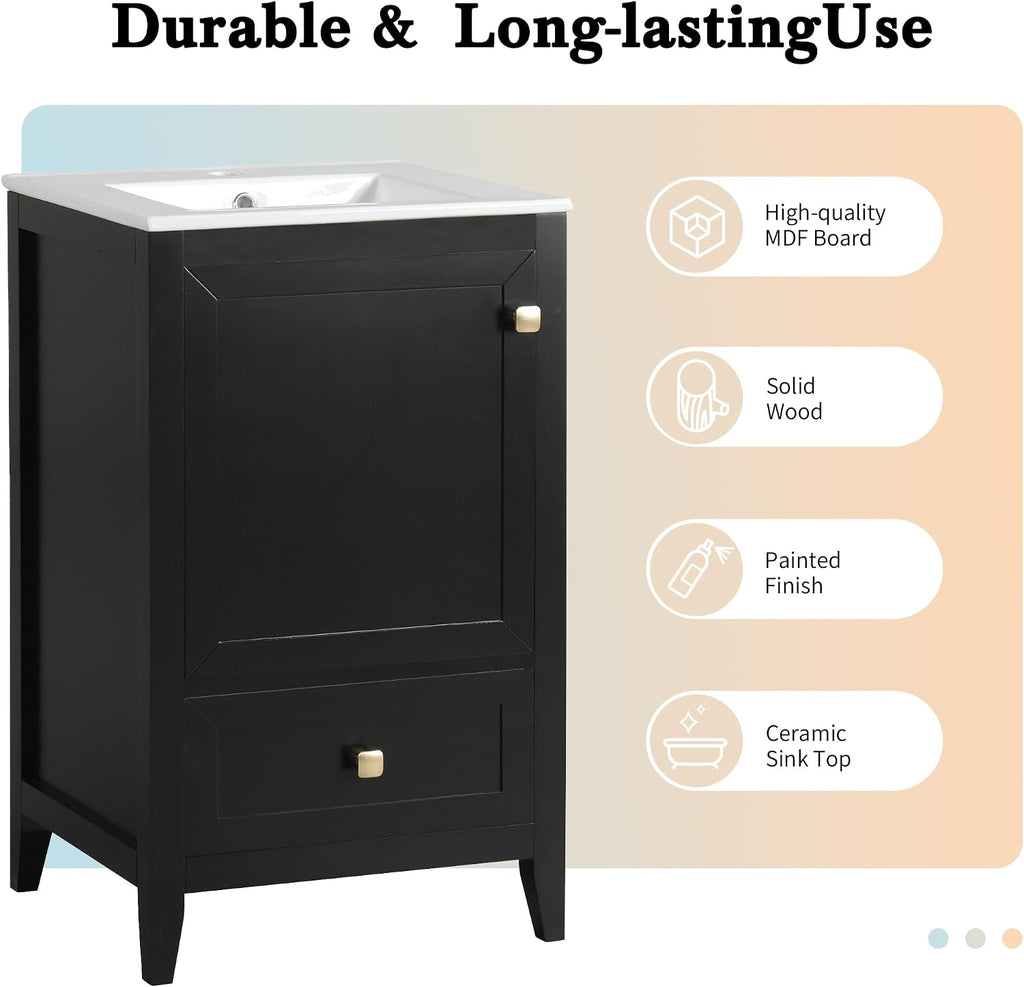Harper & Bright Designs 20' Bathroom Vanity with Sink, Free Standing Single Vanity Set with One Drawer, and Door Storage Shelf, Solid Wood Storage Cabinet with Ceramic Basin for Bathroom, Black