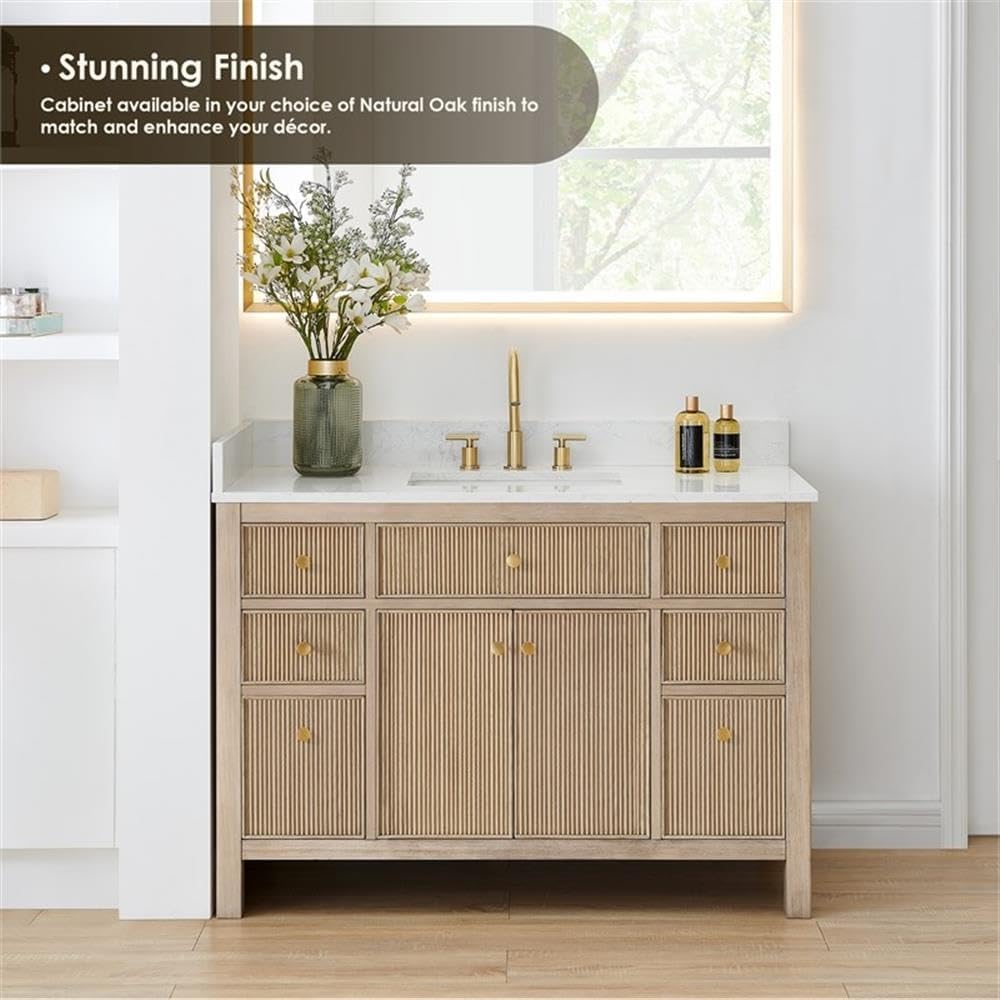 Pemberly Row 48' Bathroom Vanity, Natural Oak Finish, Engineered Stone Top, No Mirror, 7 Drawers, 2 Fluted Soft-Close Doors, Ceramic Undermount Sink, Contemporary Style Cabinet for Bathroom Storage