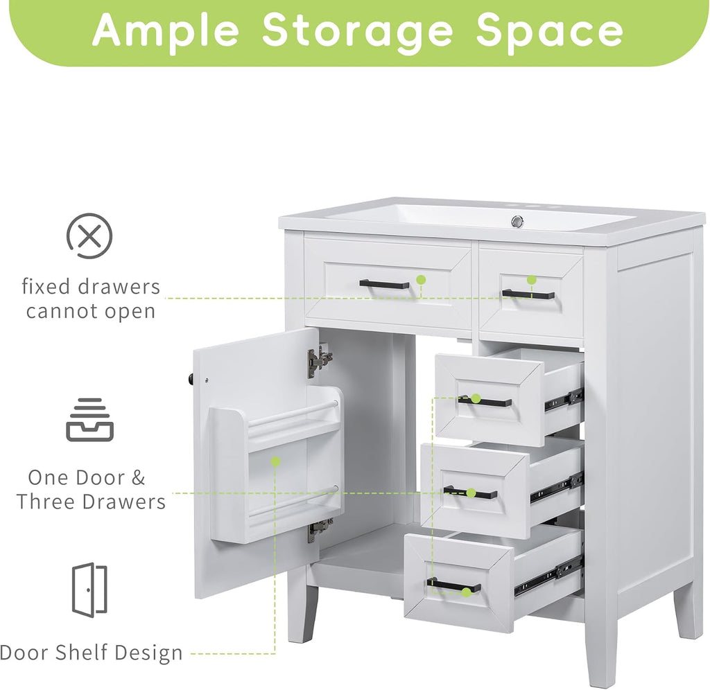 LUMISOL 30' Bathroom Vanity with Ceramic Sink, Modern Freestanding Bathroom Vanity with 3 Drawers & Door with Racks, Solid Wood Bathroom Storage Cabinet with Single Sink, White