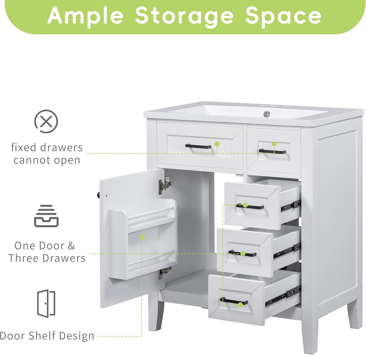 LUMISOL 30' Bathroom Vanity with Ceramic Sink, Modern Freestanding Bathroom Vanity with 3 Drawers & Door with Racks, Solid Wood Bathroom Storage Cabinet with Single Sink, White