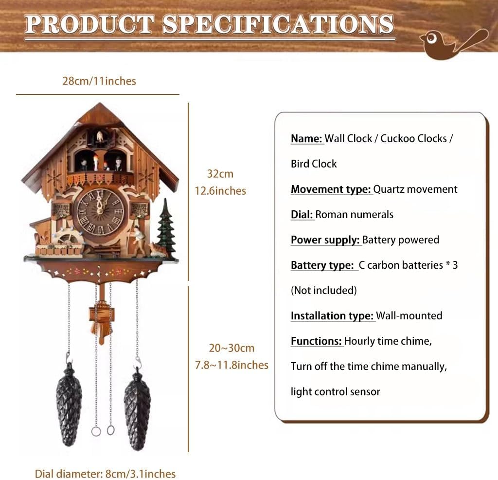 Cuckoo Clocks Wall Clocks Farmhouse European Hand-Carved Cuckoo Clock, Living Room Wall Decoration, Wall Clocks Battery Operated, Report Punctually, 3D Realistic Scenes, Roman numerals, Brown